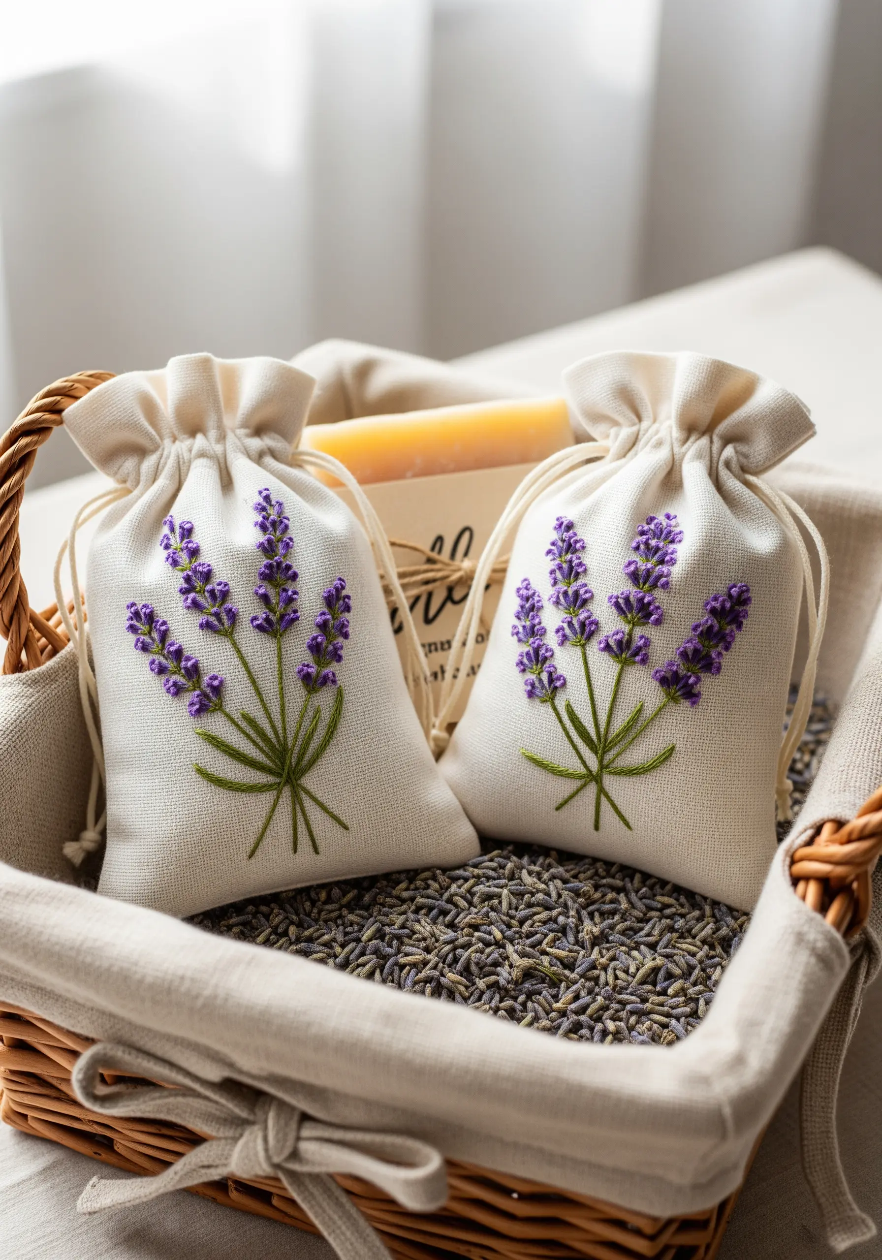 Two small linen drawstring bags embroidered with lavender sprigs.