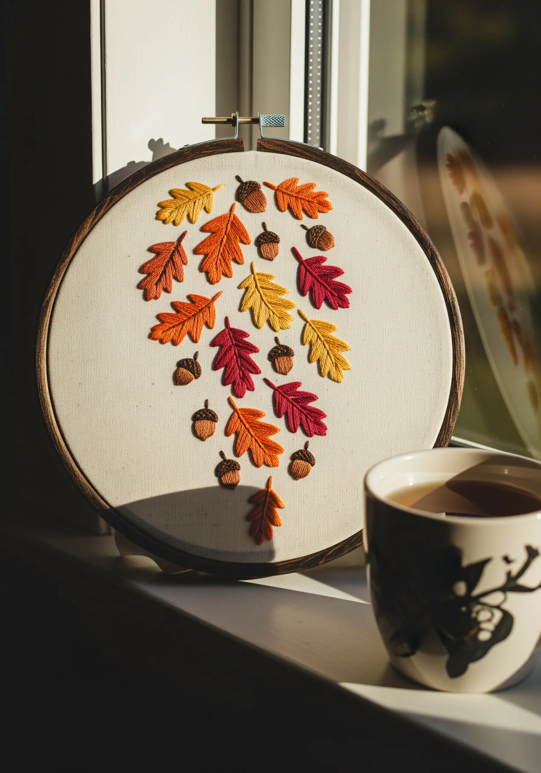 A cascade of embroidered autumn leaves and acorns in warm fall colors.