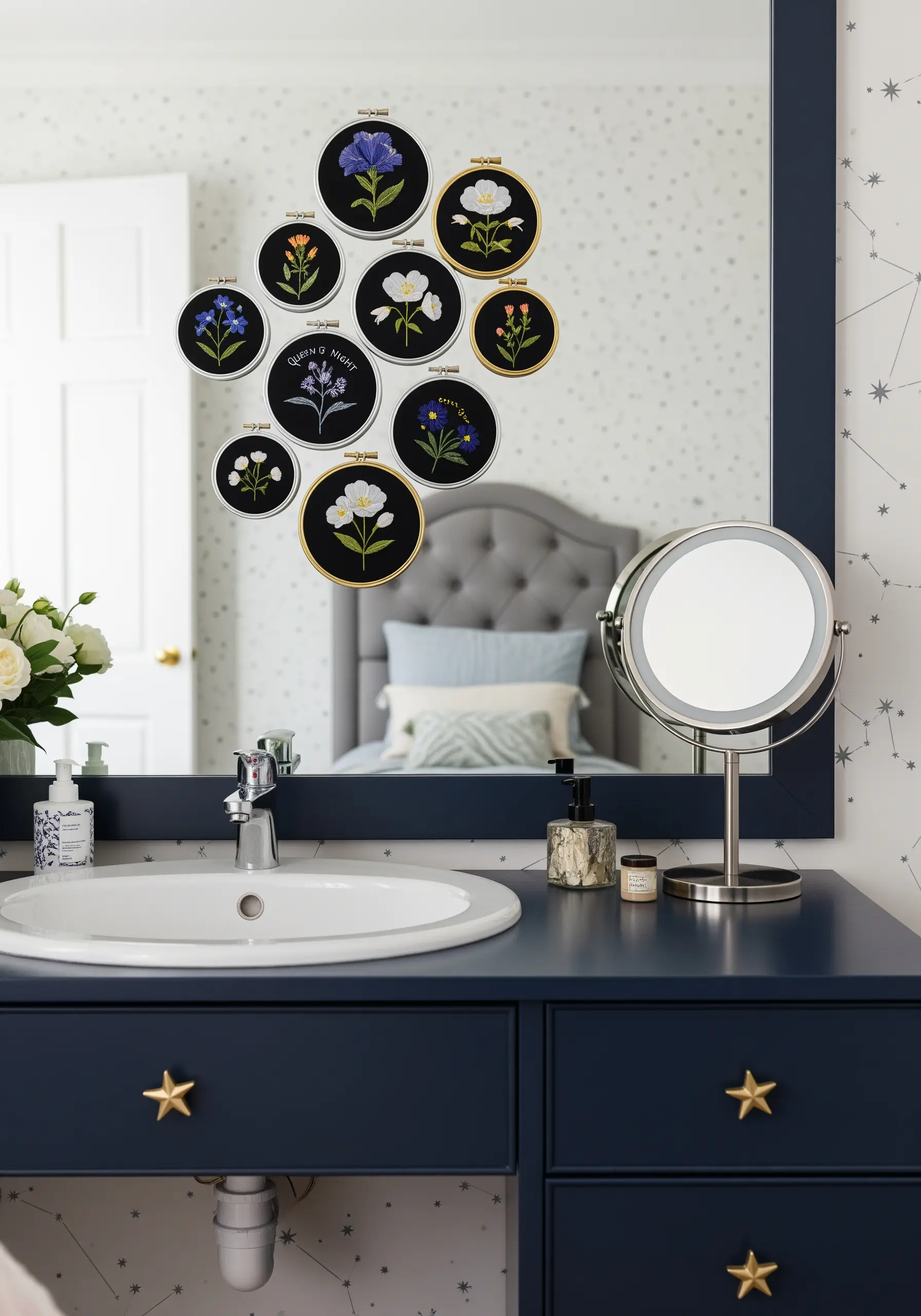 A cluster of floral embroideries on black fabric, arranged like a constellation on a mirror.