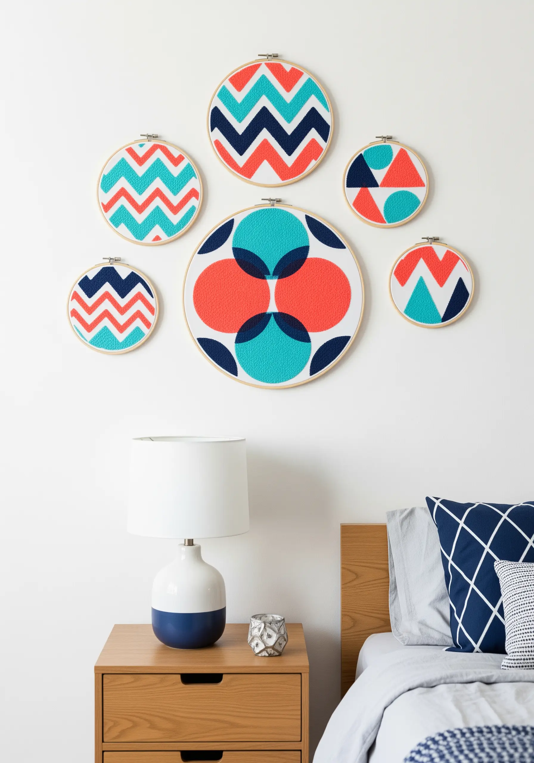 A collection of embroidery hoops with bold geometric patterns in coral, teal, and navy.