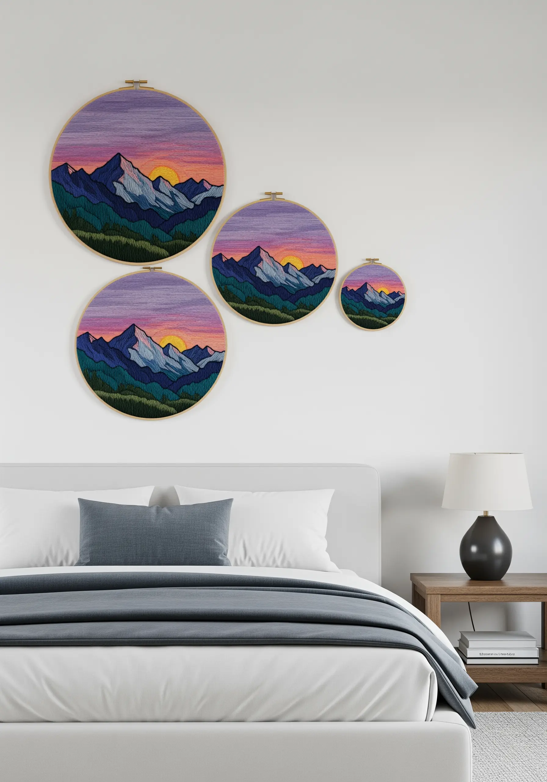 A wall display of four embroidery hoops of different sizes, each showing a piece of a mountain sunset scene.