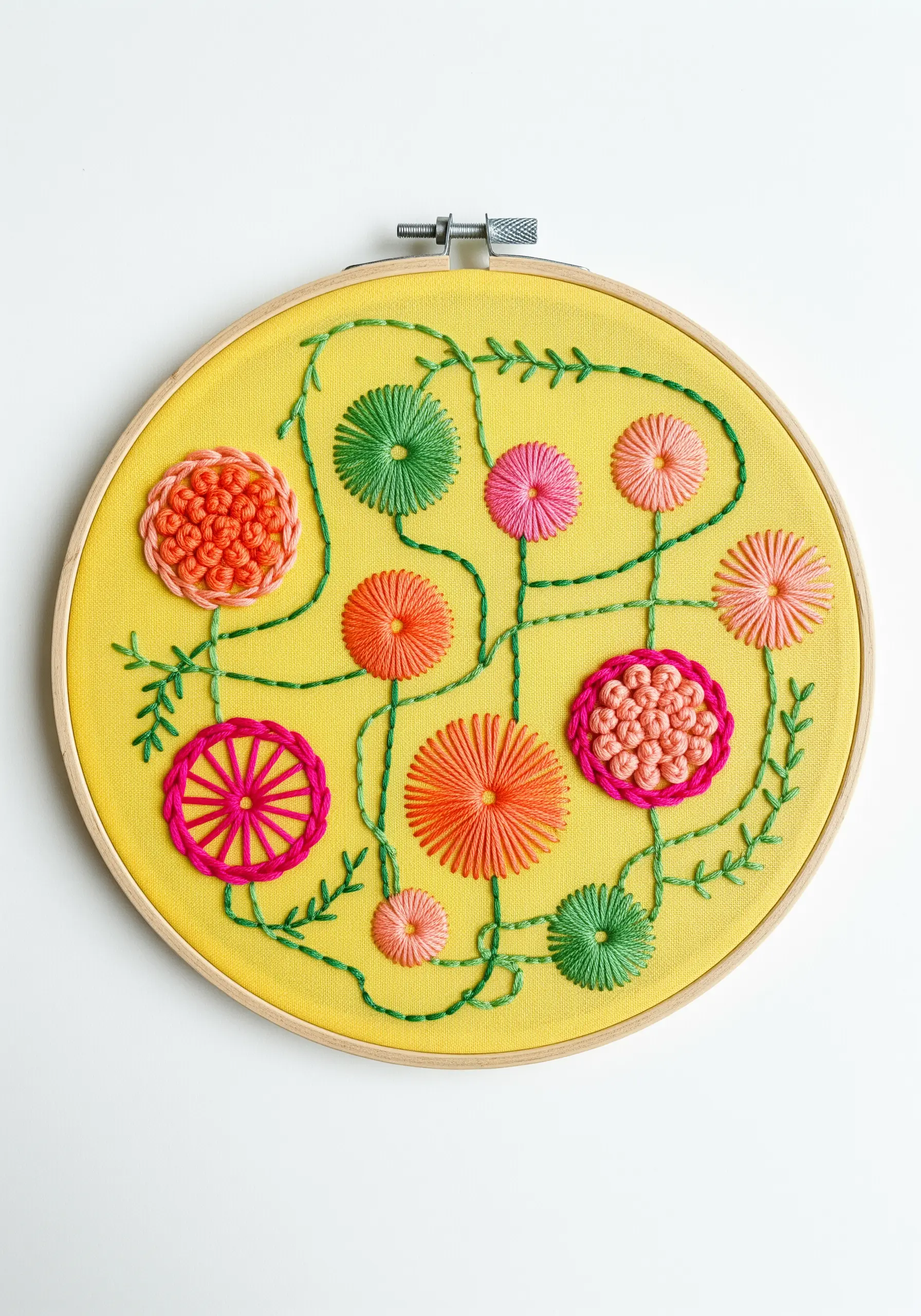 A cheerful collection of circular floral stitches in pink, orange, and green on bright yellow fabric.