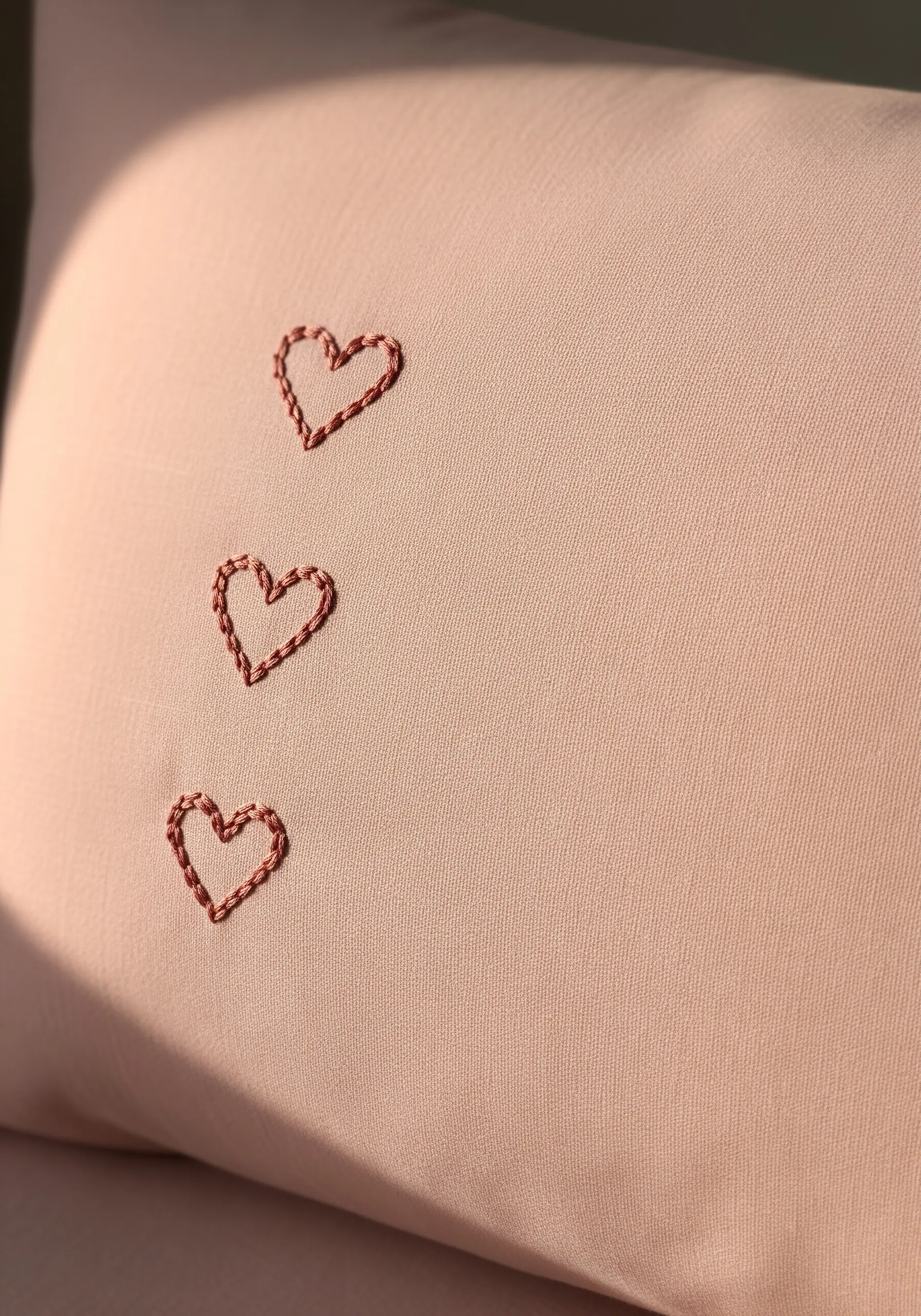 Three small hearts embroidered in a vertical line on a dusty pink pillowcase.