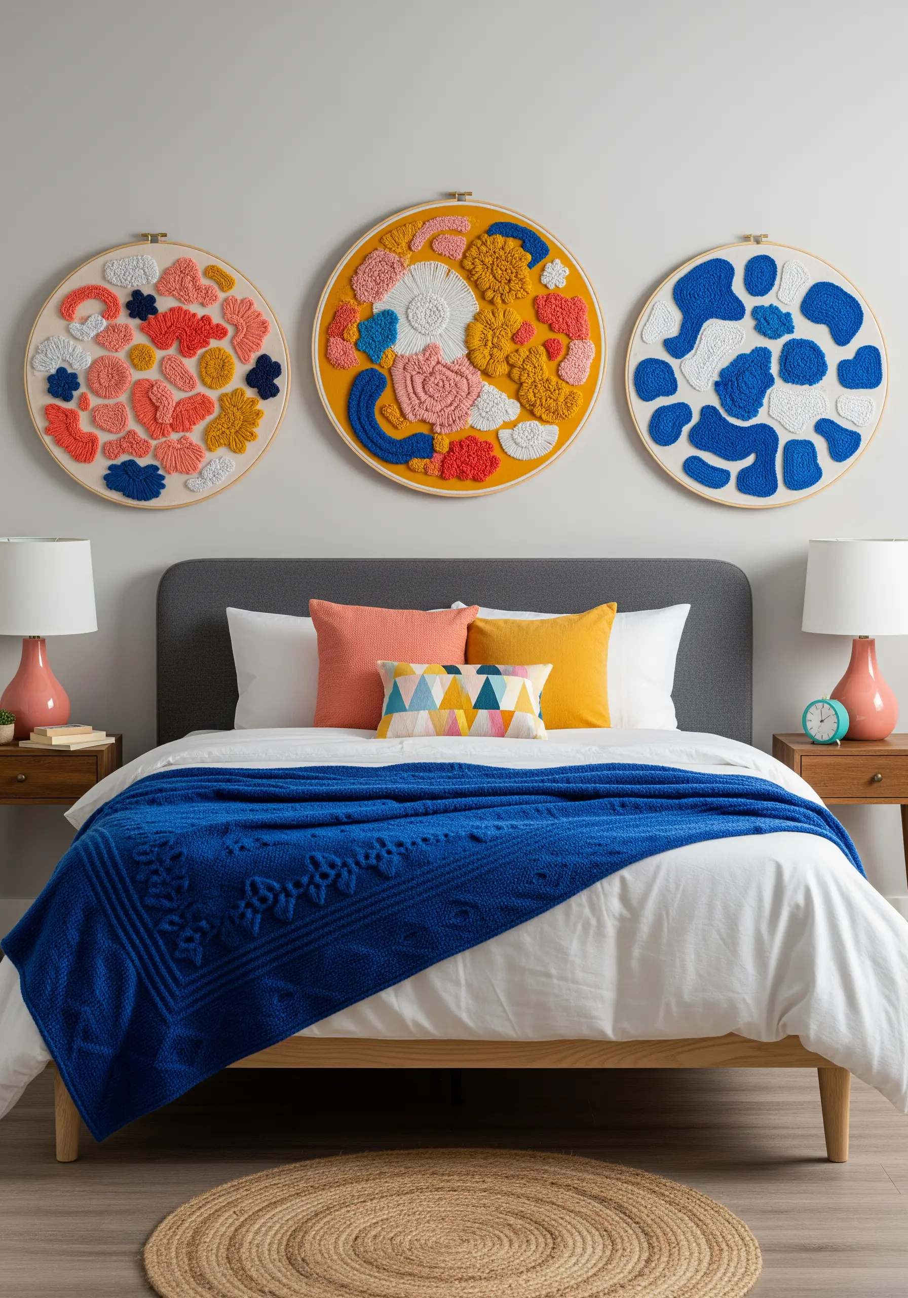 A triptych of three large embroidery hoops with abstract, colorful punch needle designs.