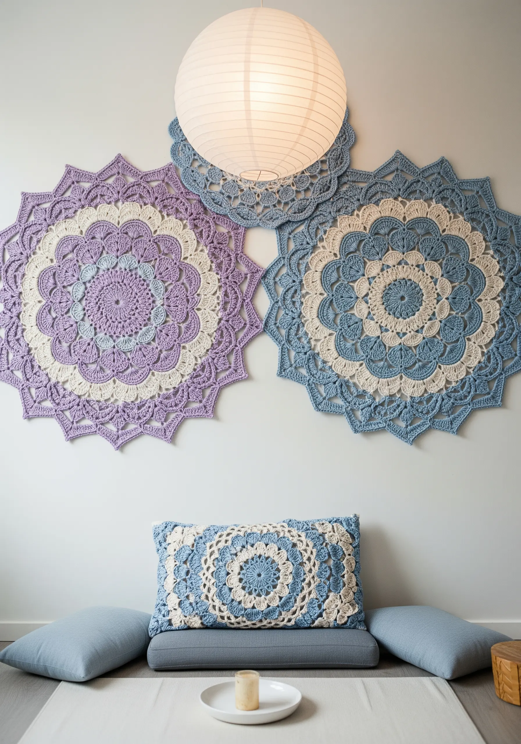 Three large crocheted mandalas in purple, blue, and cream, mounted on a wall.