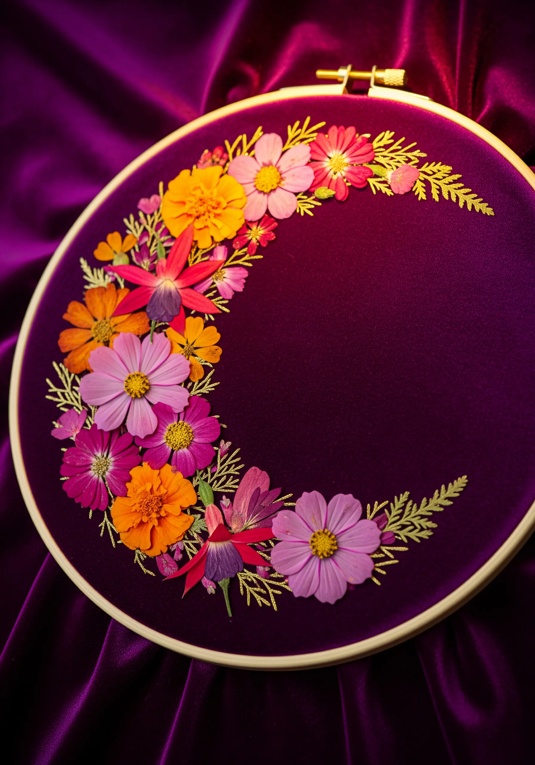A crescent moon shape made of colorful pressed flowers on a rich purple velvet background.