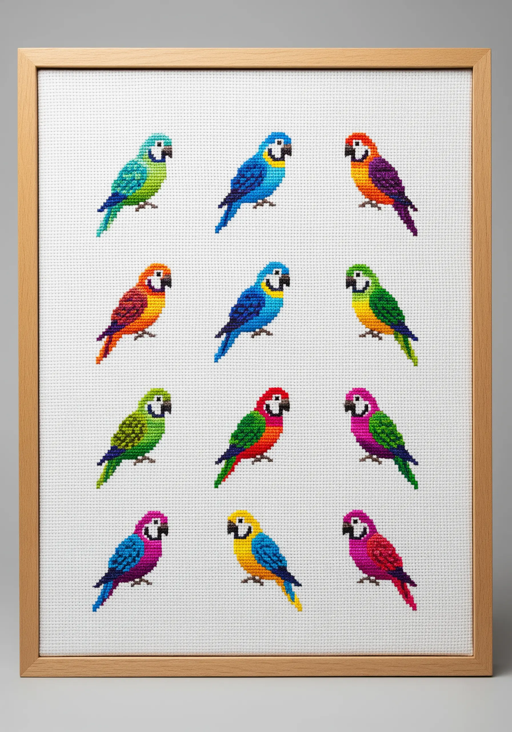 A framed cross-stitch sampler featuring twelve small, colorful parrots in a grid.