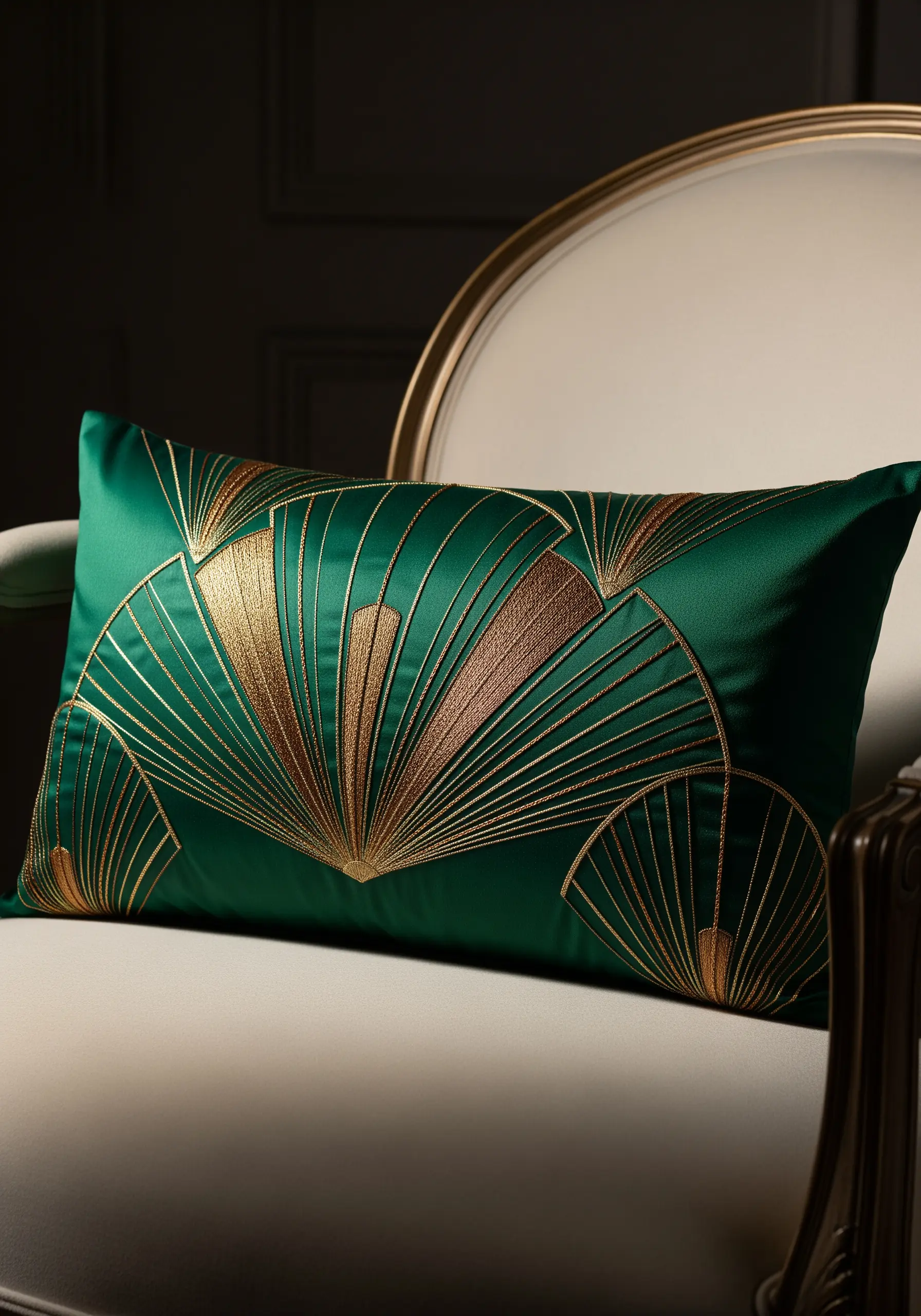 Art Deco style fan design in gold and bronze metallic thread on an emerald green satin pillow.