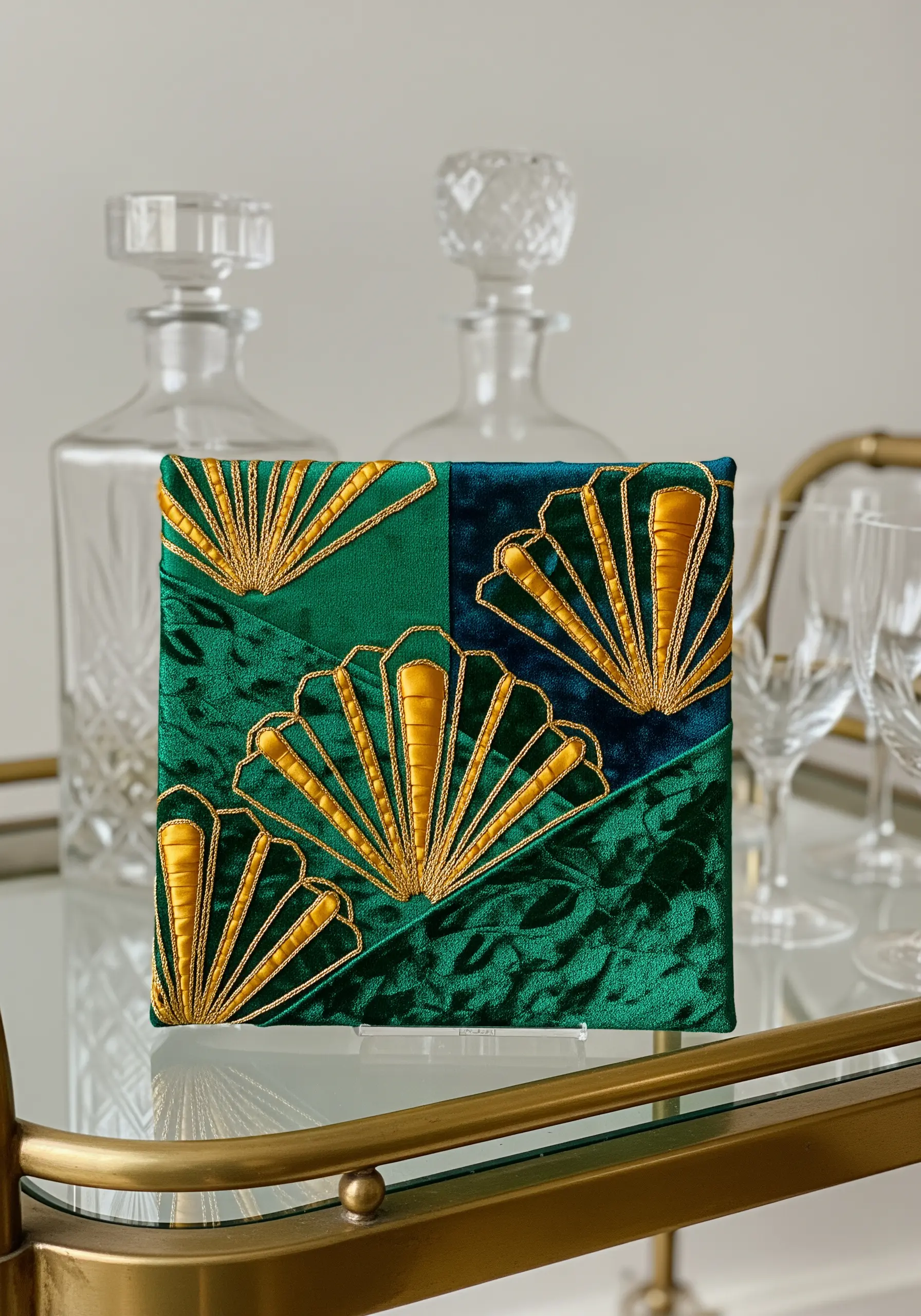 Art Deco fan motifs in gold satin stitch on a rich green and blue velvet background.