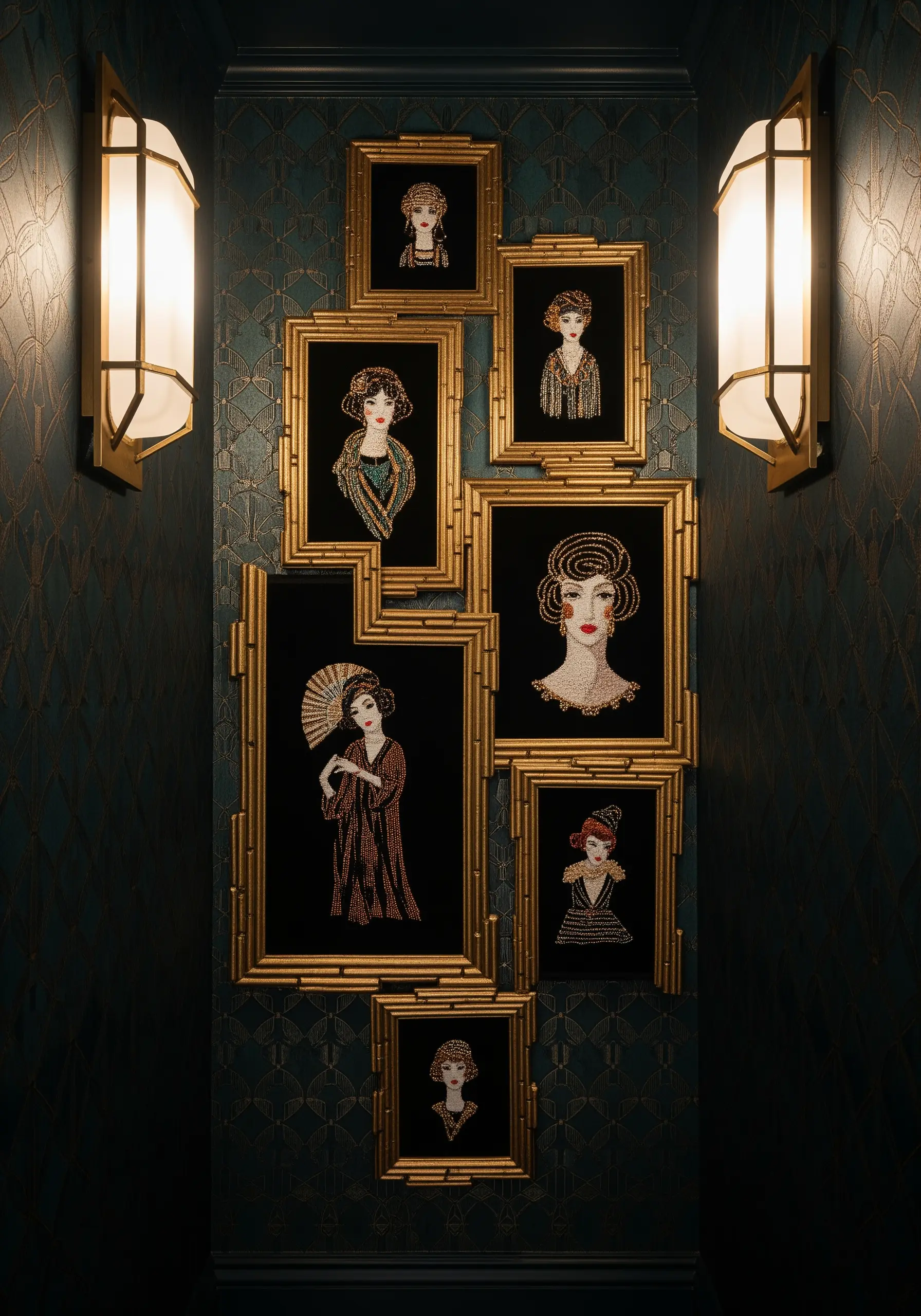 A collection of Art Deco-style embroidered portraits with beading, set in gold frames.