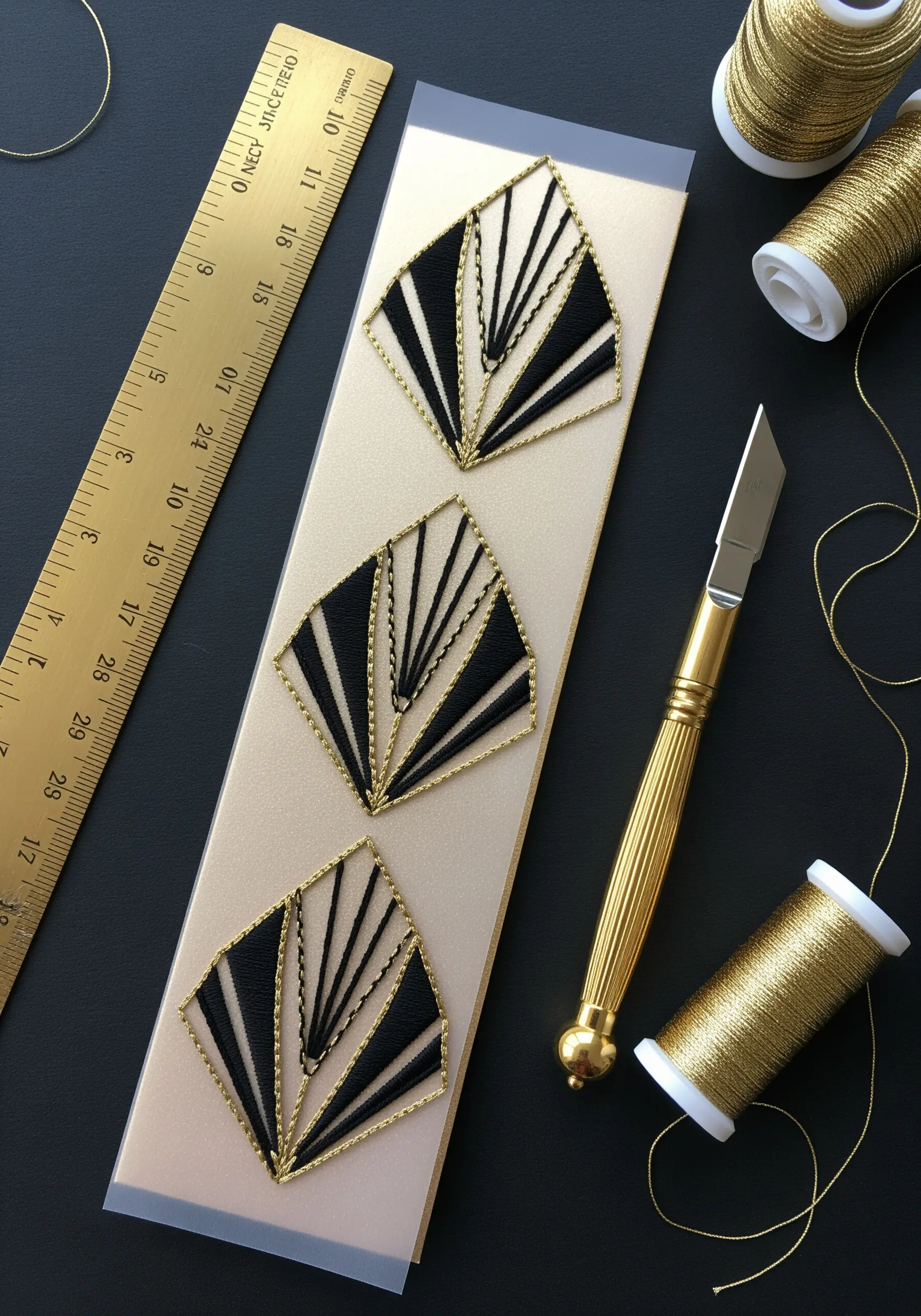 Art Deco fan motifs stitched with gold metallic and black thread on a vellum paper bookmark.