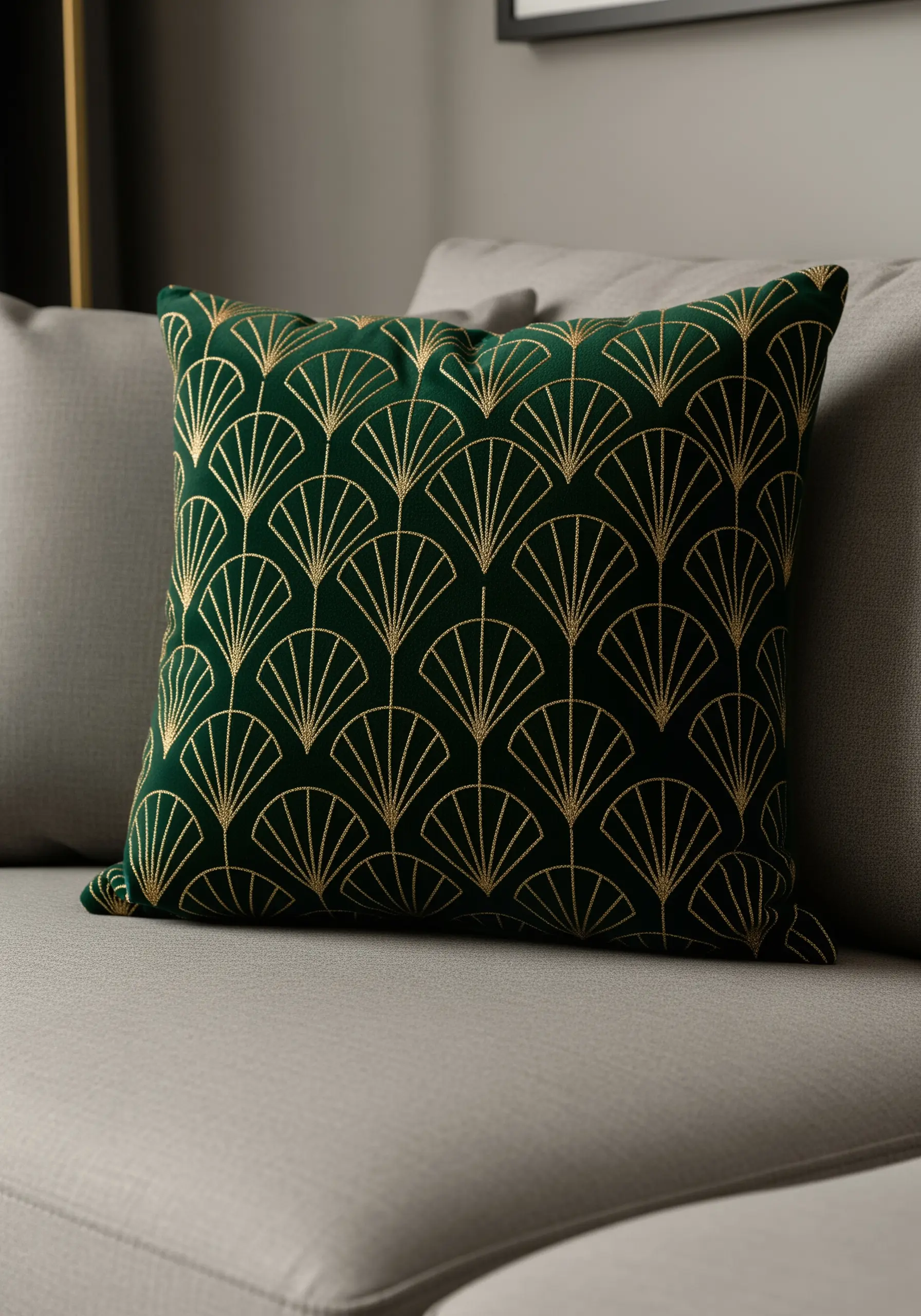 Gold metallic thread embroidered in an Art Deco fan pattern on a green velvet cushion.