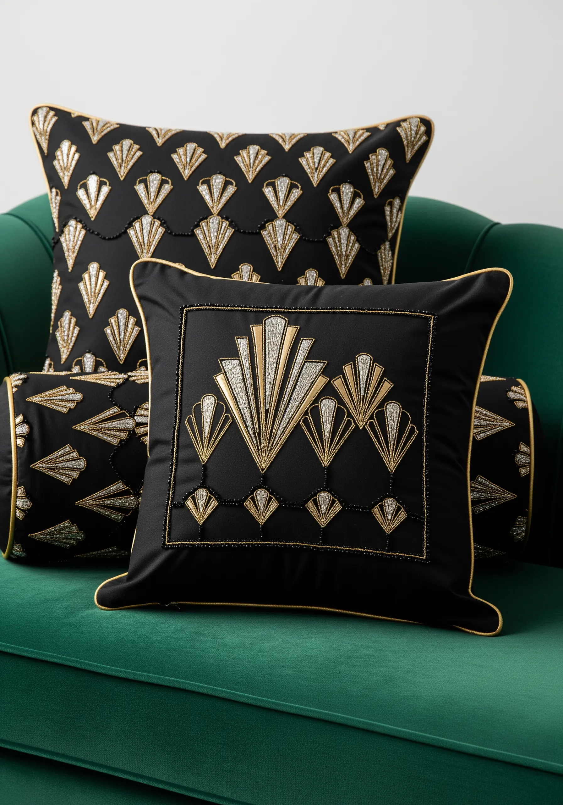 Art Deco fan motifs in gold and silver thread with beading on black pillows.