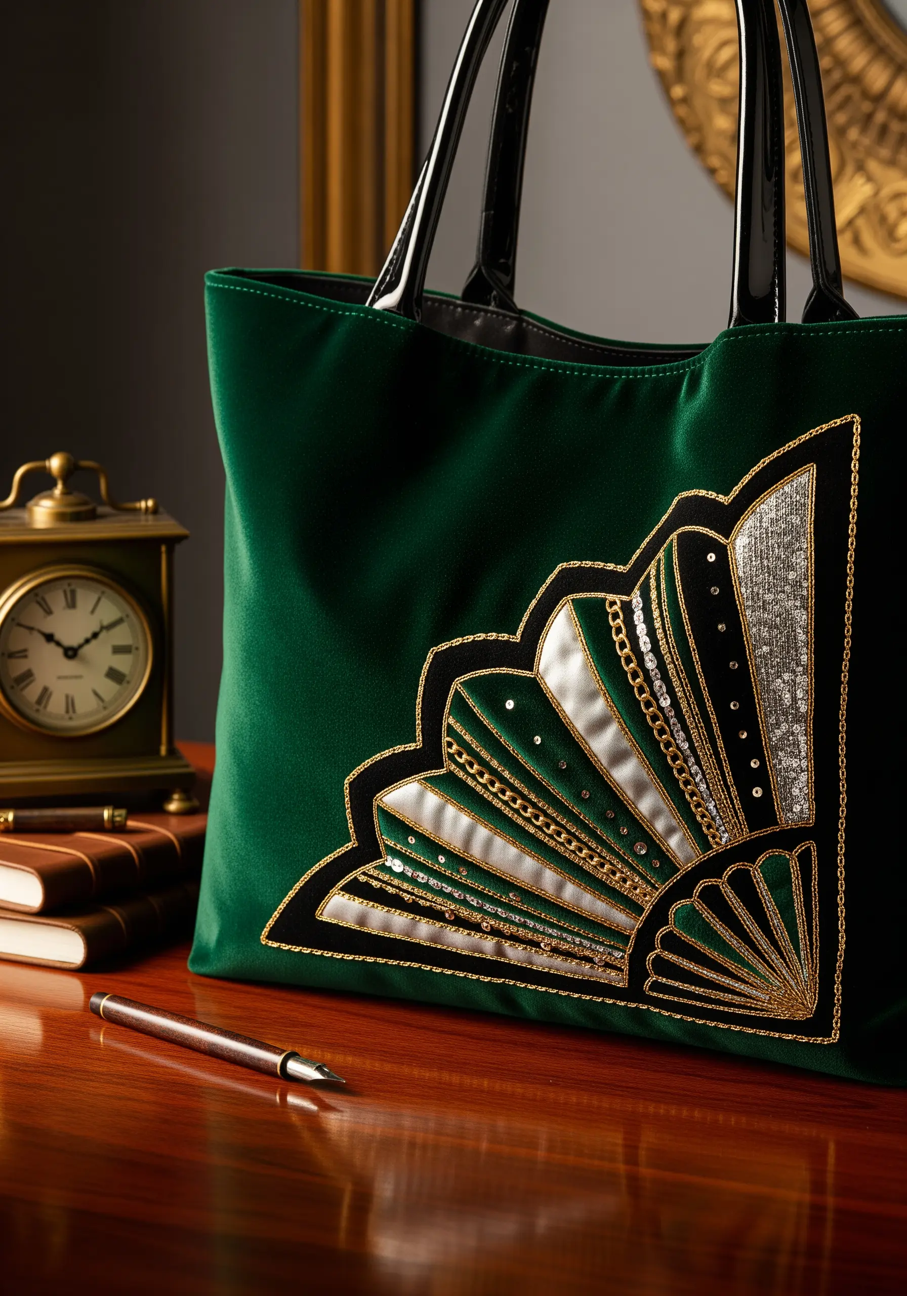 An Art Deco fan motif on a green velvet tote, embellished with gold thread, sequins, and chains.