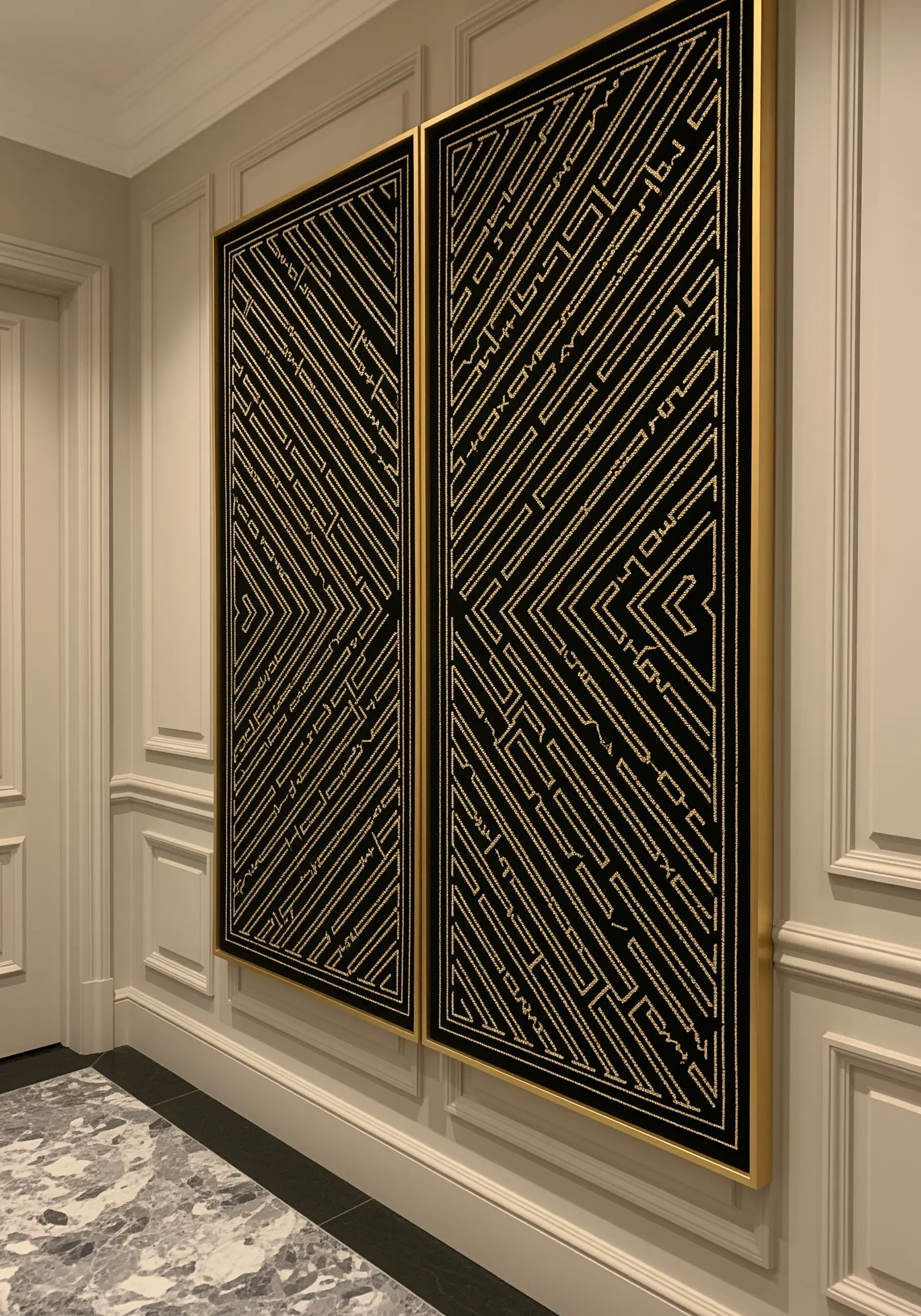 Gold linear geometric embroidery on black vertical panels