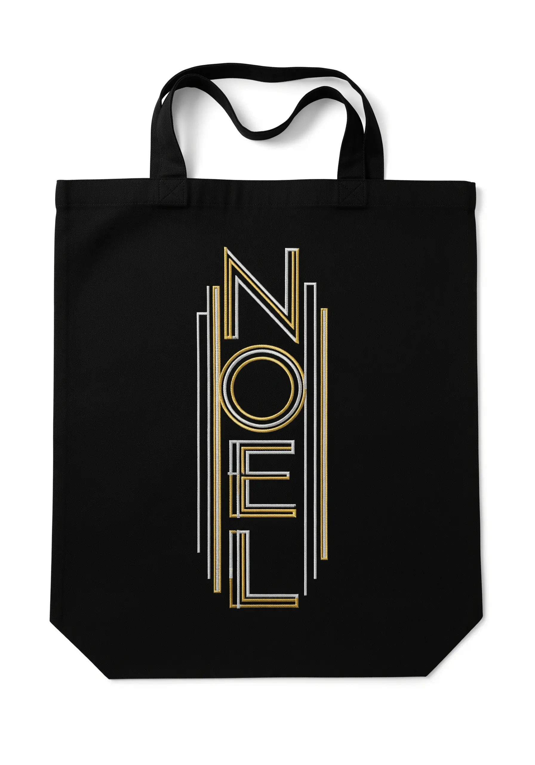 Art Deco style 'NOEL' lettering embroidered with white, gold, and silver lines on a black tote.