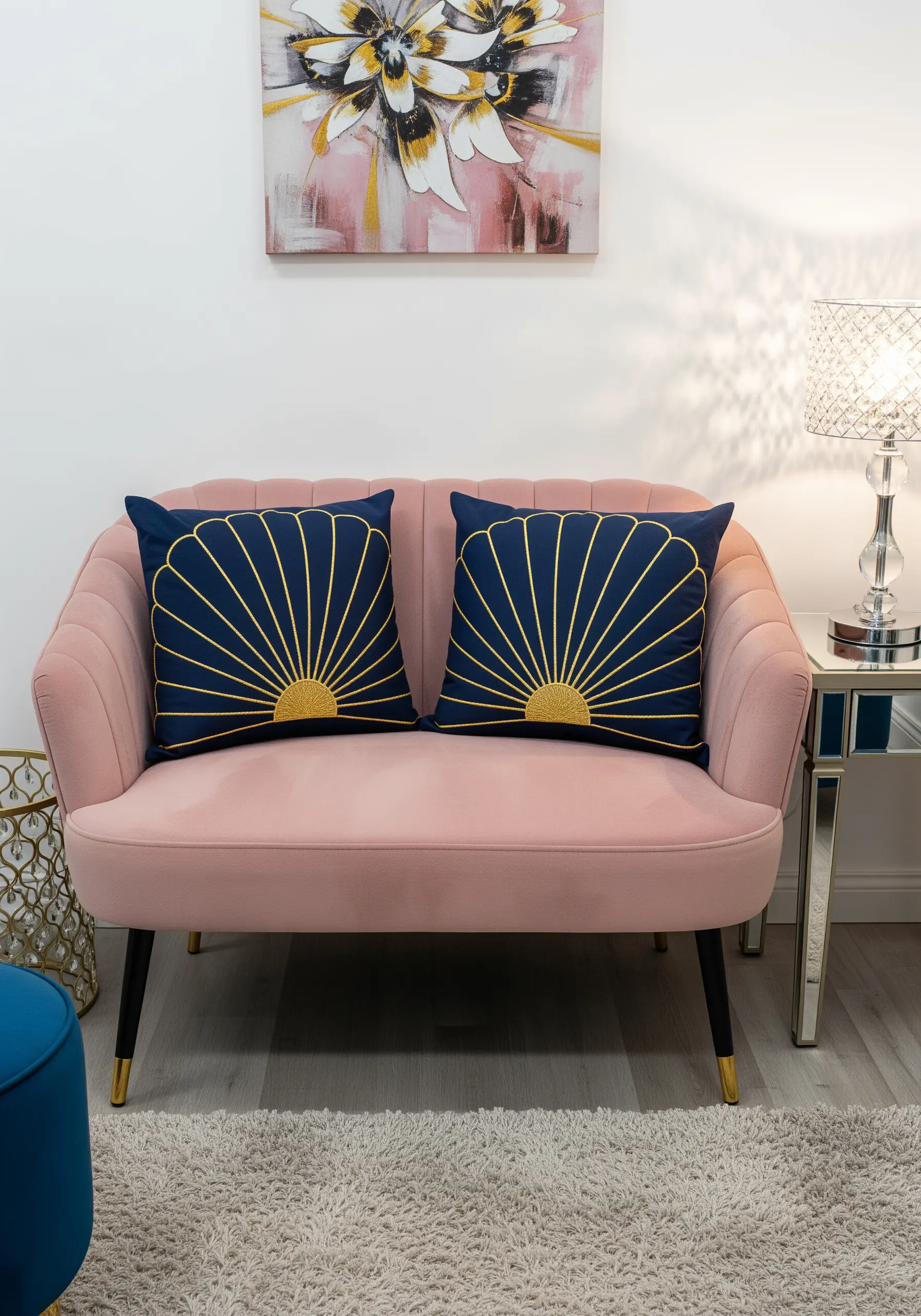A gold Art Deco sunburst pattern embroidered on two navy blue cushions.