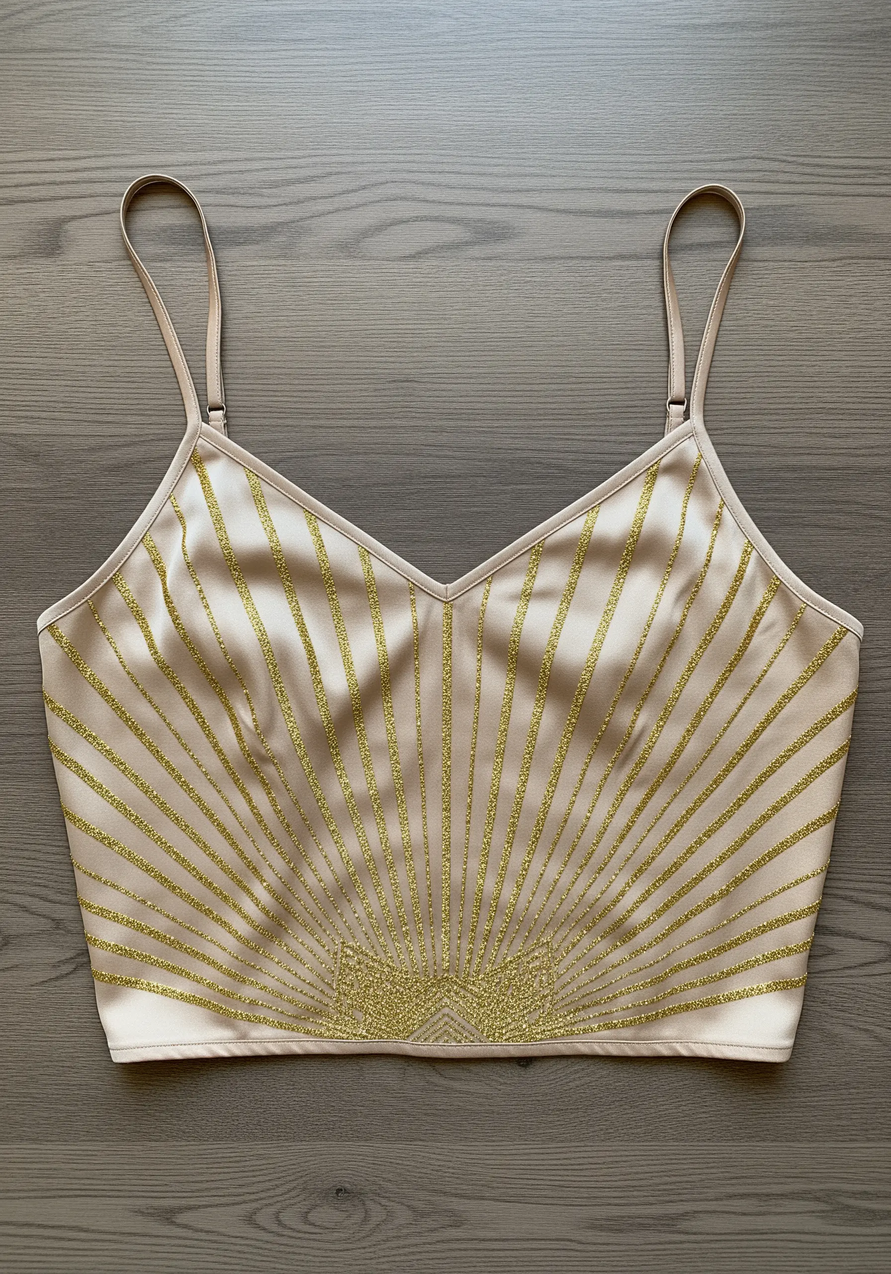 Gold glitter thread embroidered in an Art Deco sunburst pattern on a champagne satin camisole.