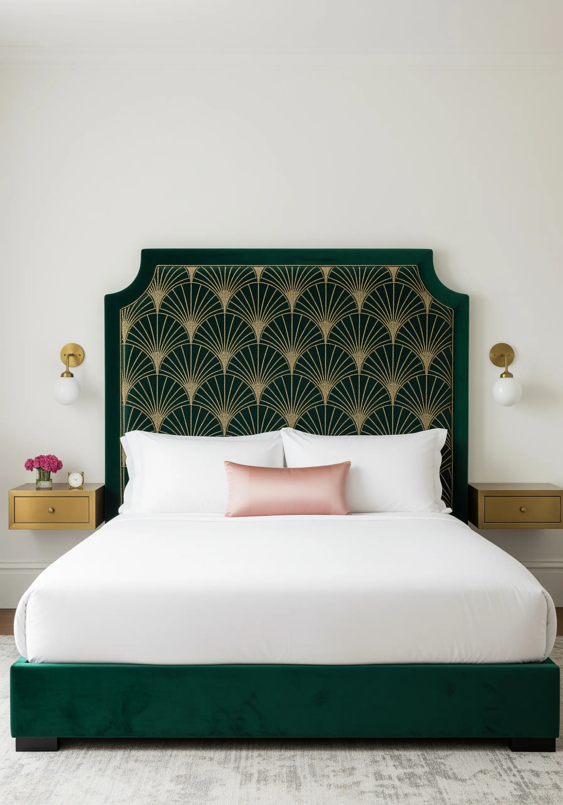 Art Deco fan pattern in gold metallic thread on a green velvet headboard.