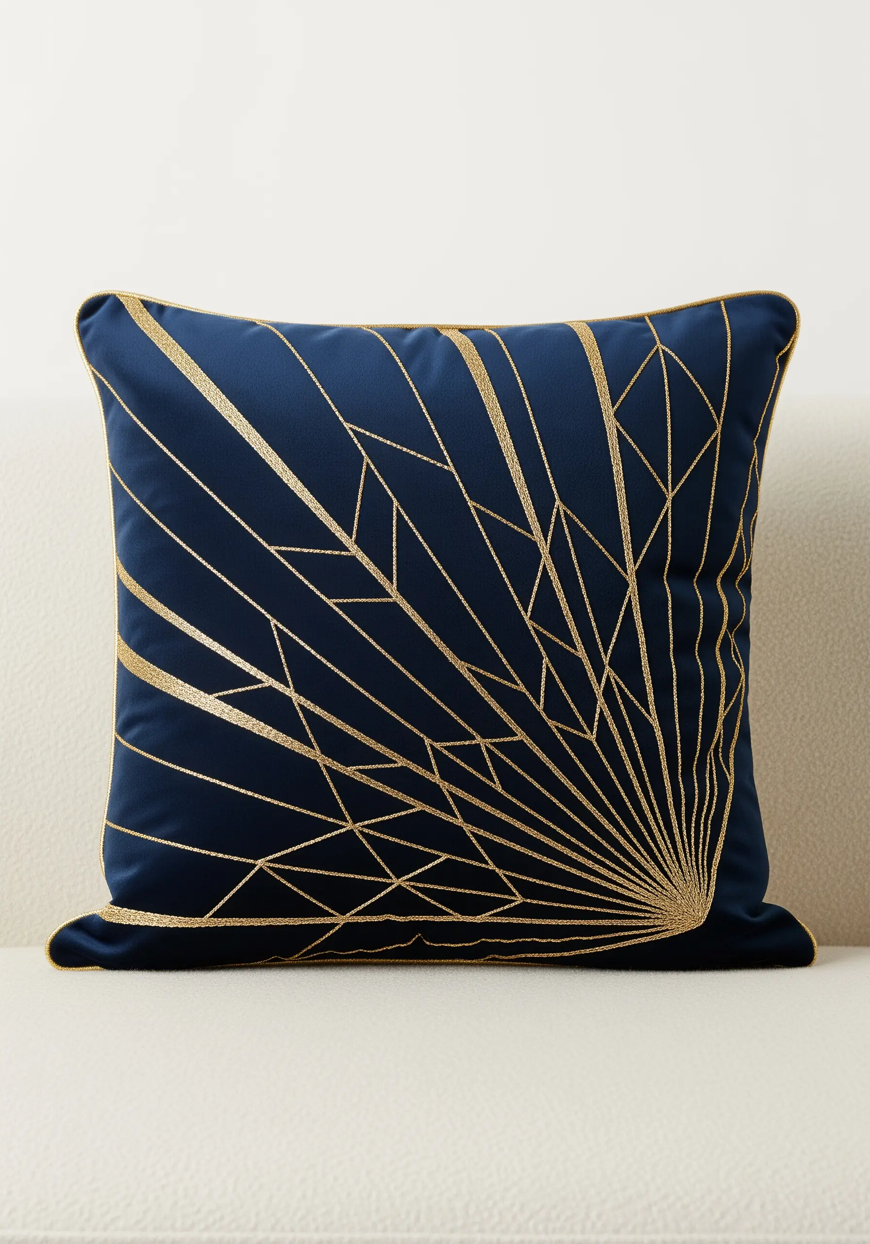 Gold thread Art Deco fan motif on a navy blue velvet cushion.