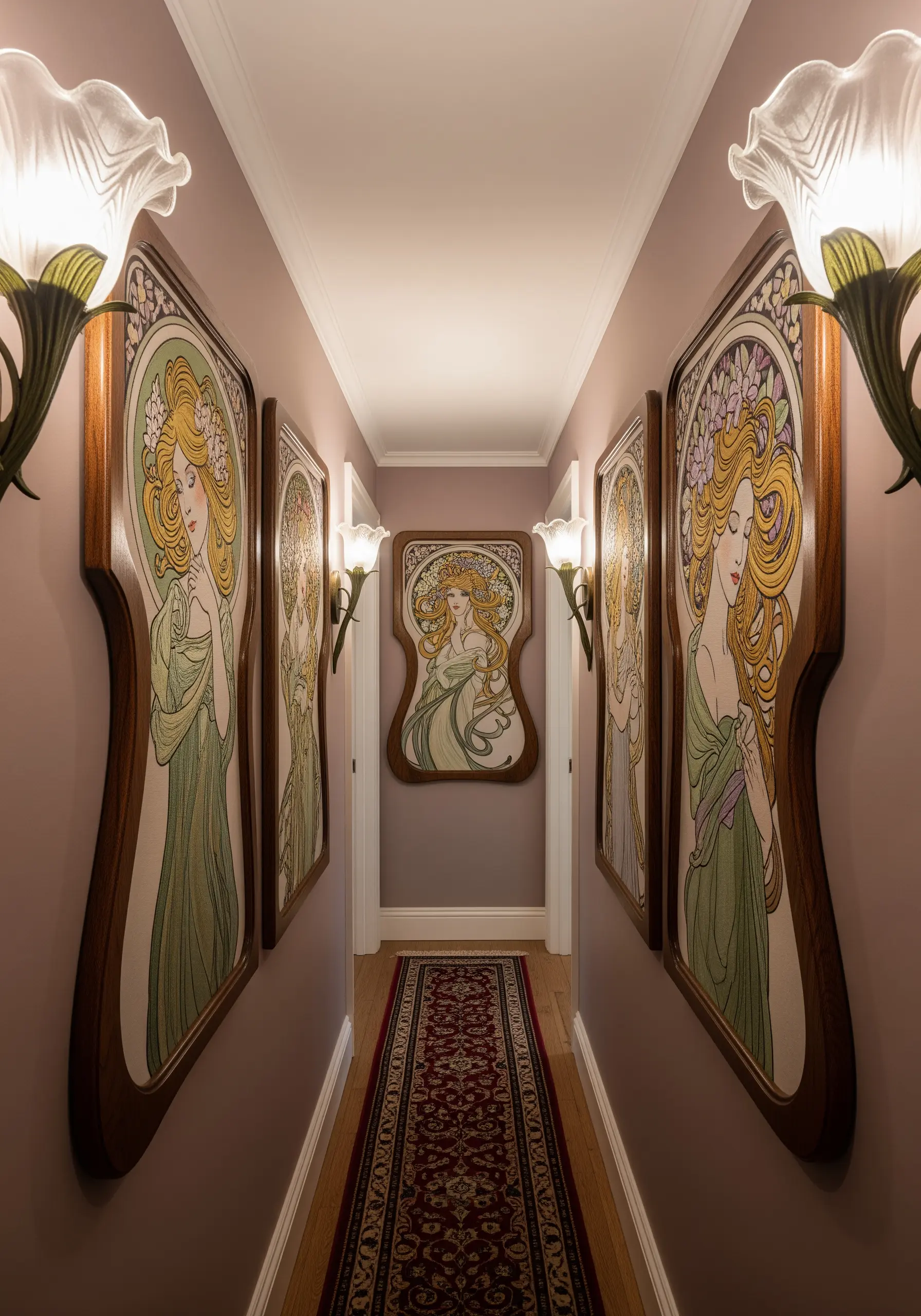 A hallway with large, custom-framed Art Nouveau style embroidered portraits.