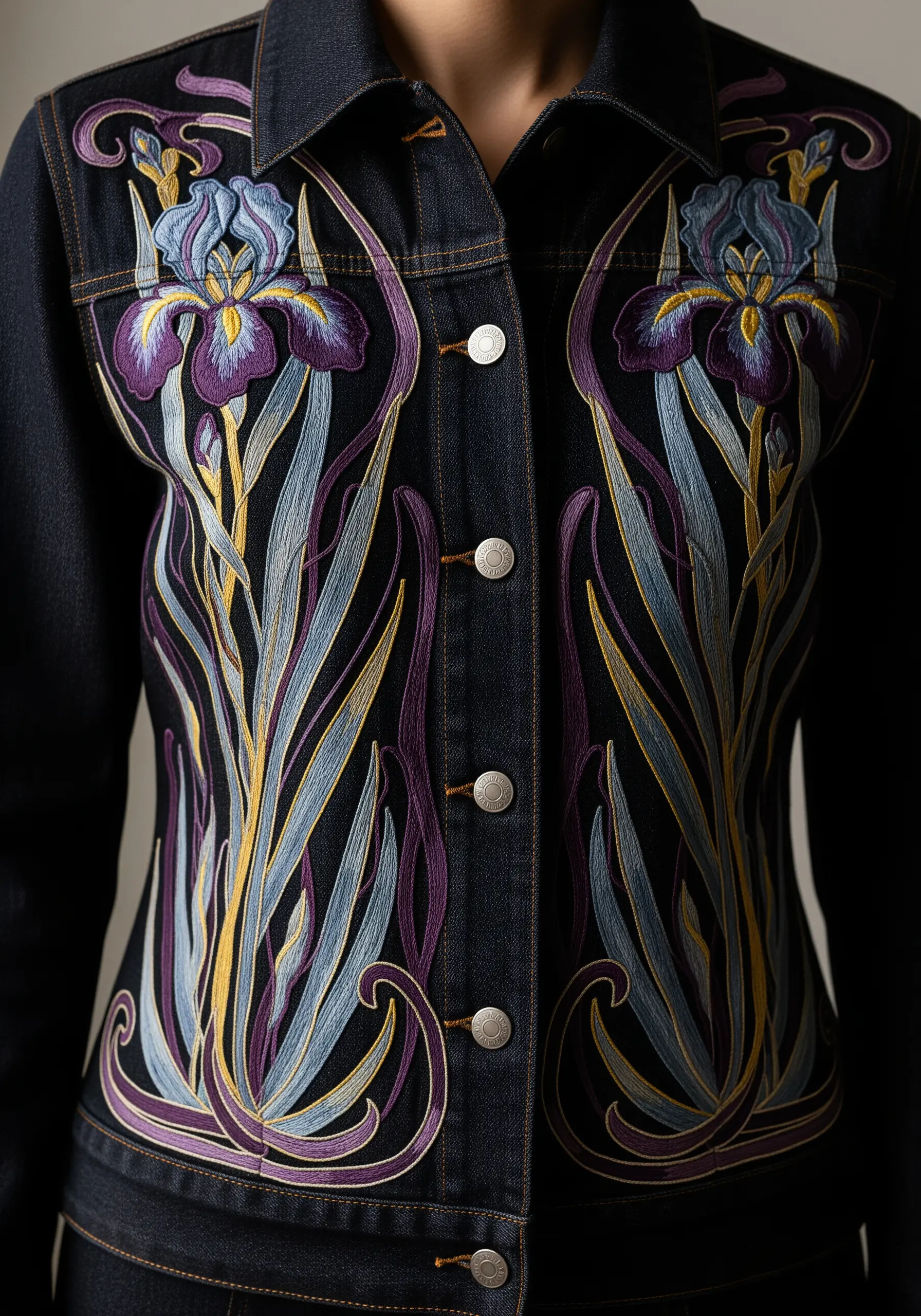 Symmetrical Art Nouveau iris embroidery in purple and gold on a dark denim jacket.
