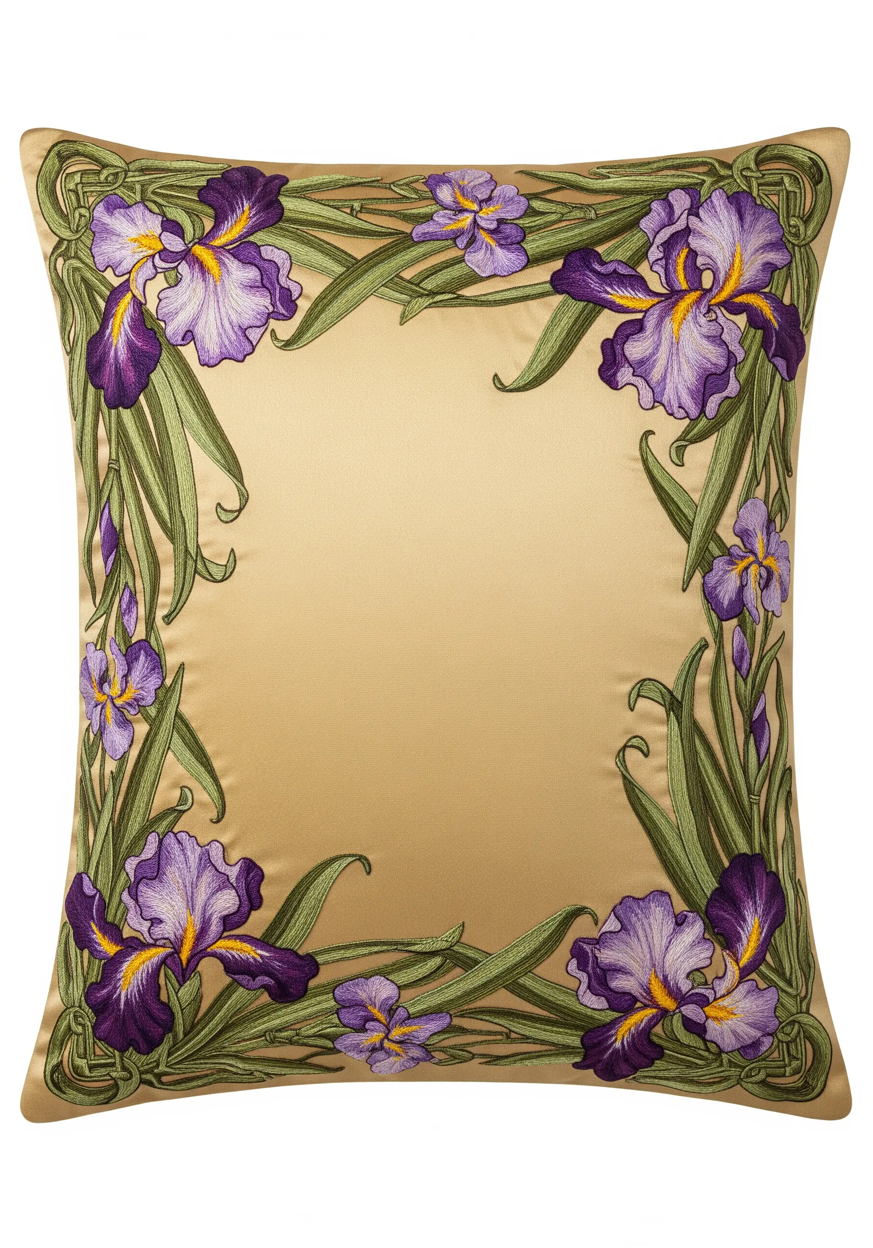 An Art Nouveau-style border of purple irises embroidered on a gold satin cushion.