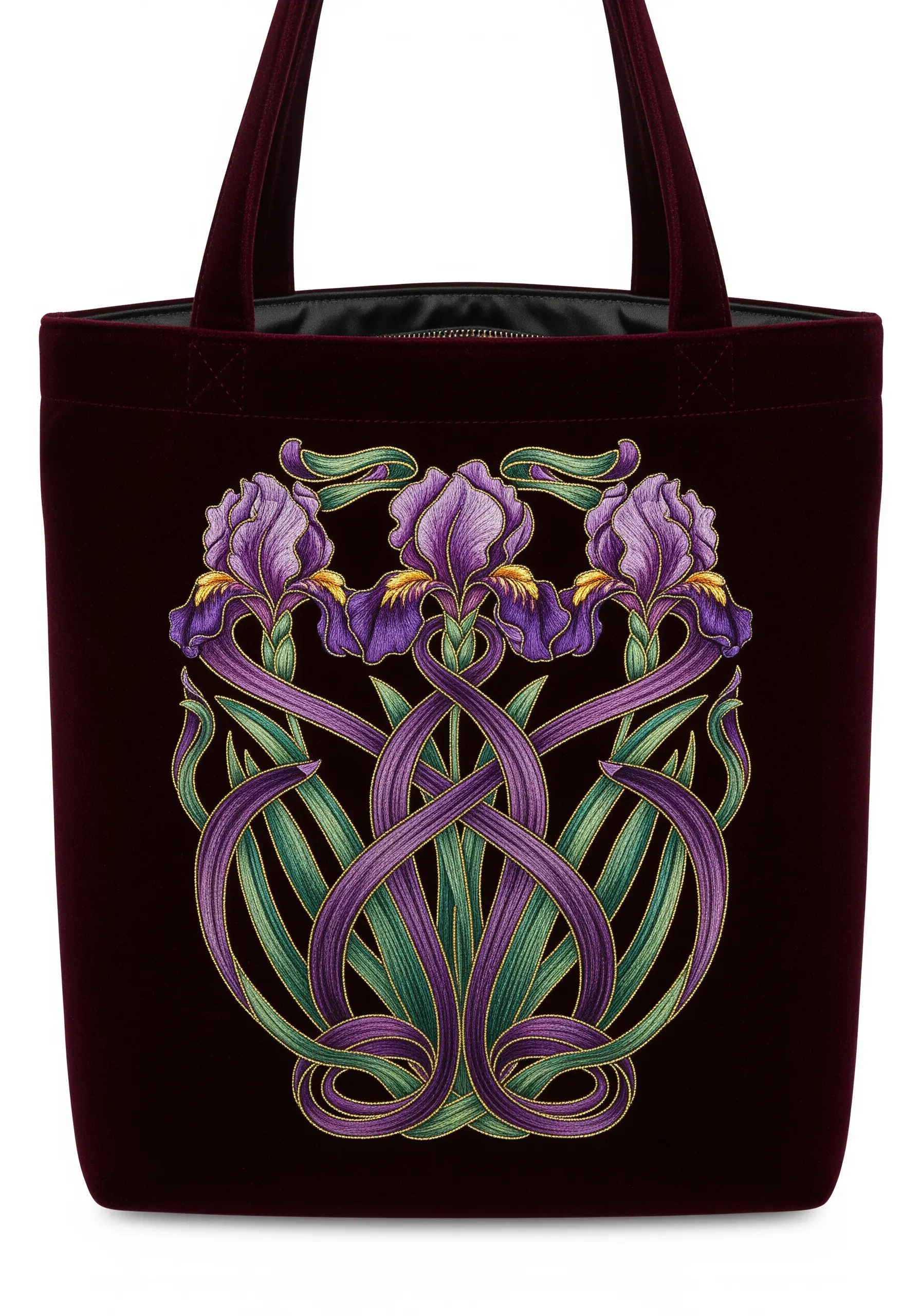 Art Nouveau style embroidery of purple irises with interwoven stems on a deep red velvet tote.