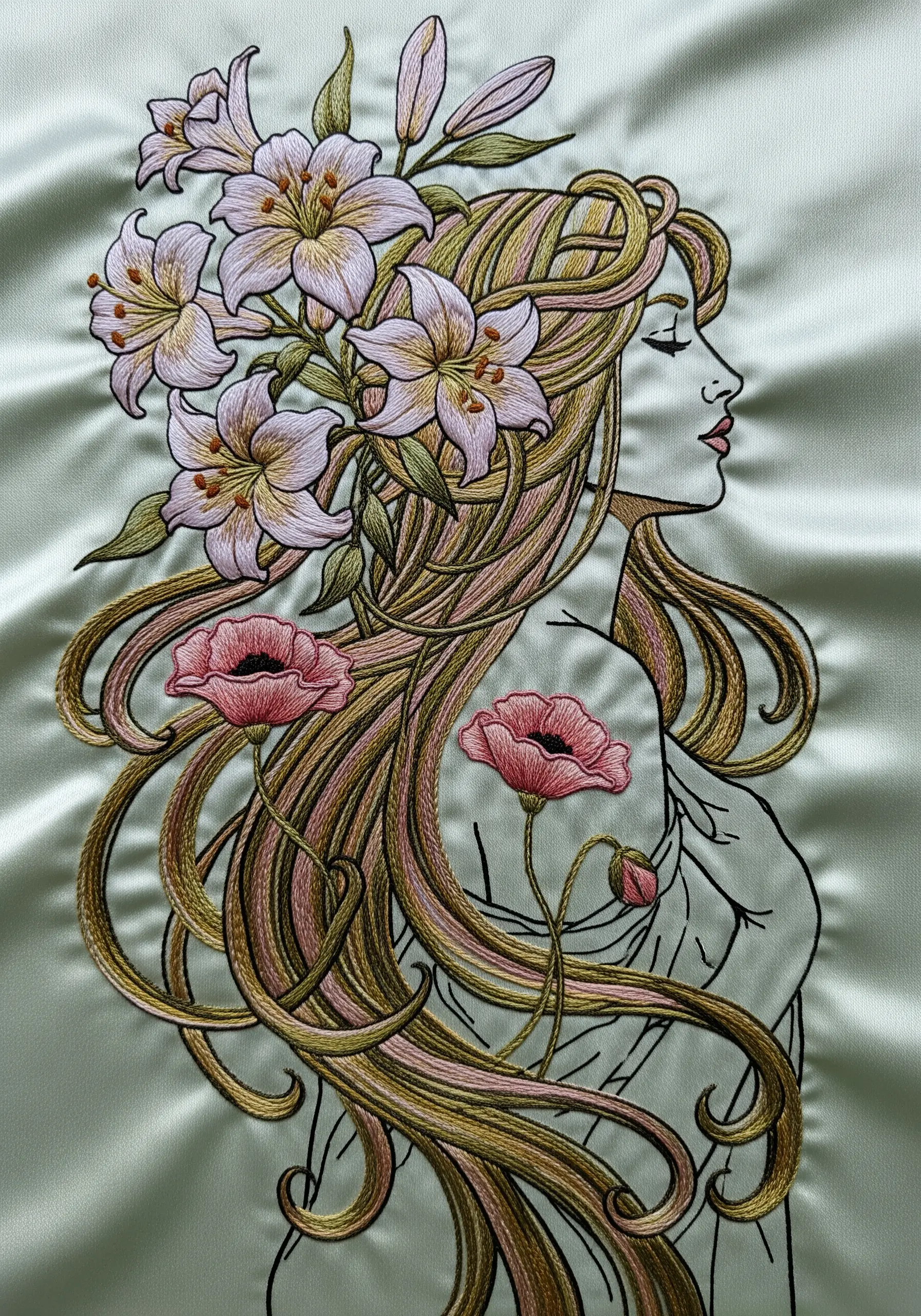 Art Nouveau-style embroidery of a woman with long, flowing hair and lilies.