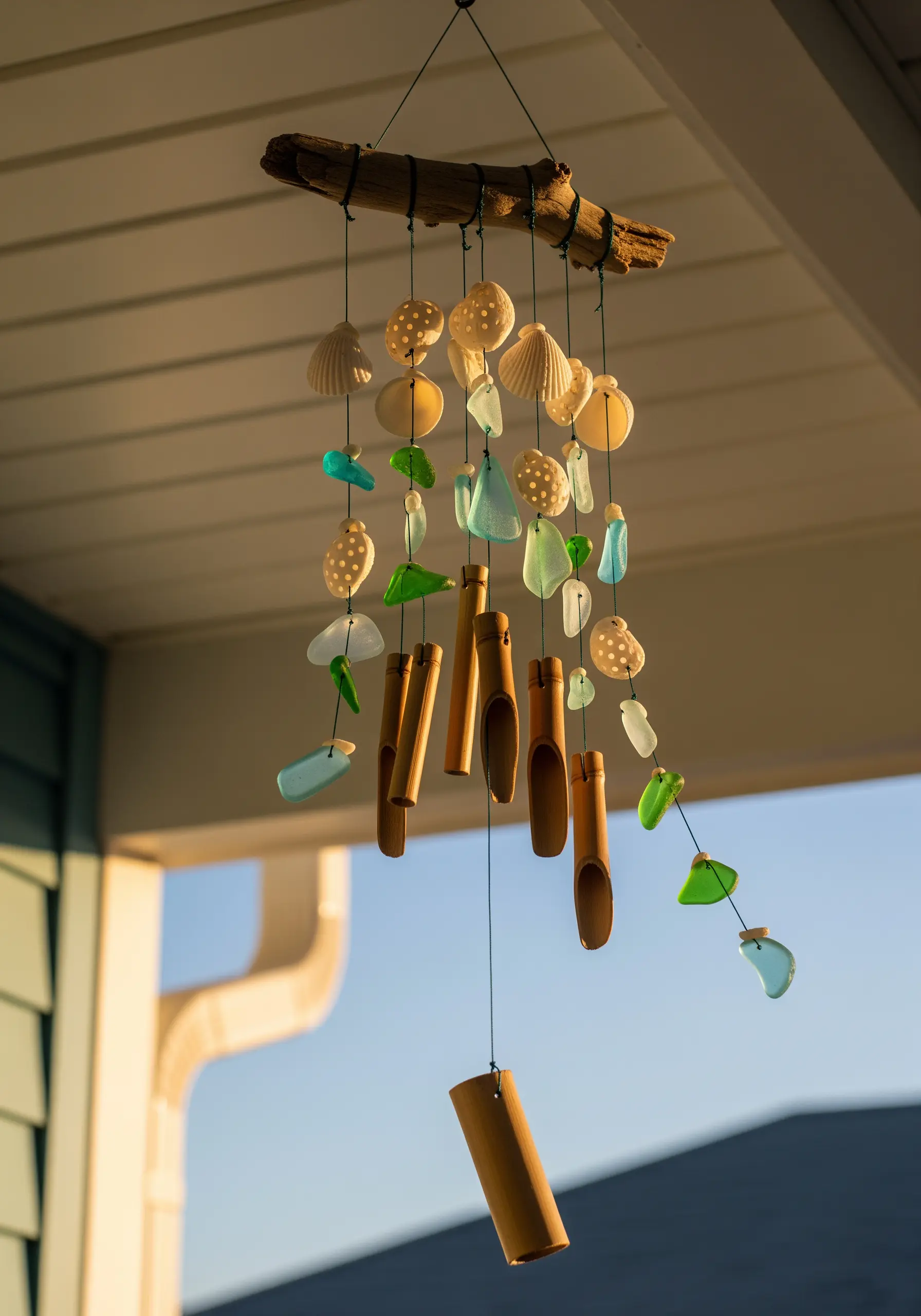 A wind chime made from driftwood, sea glass, shells, and small bamboo chimes.