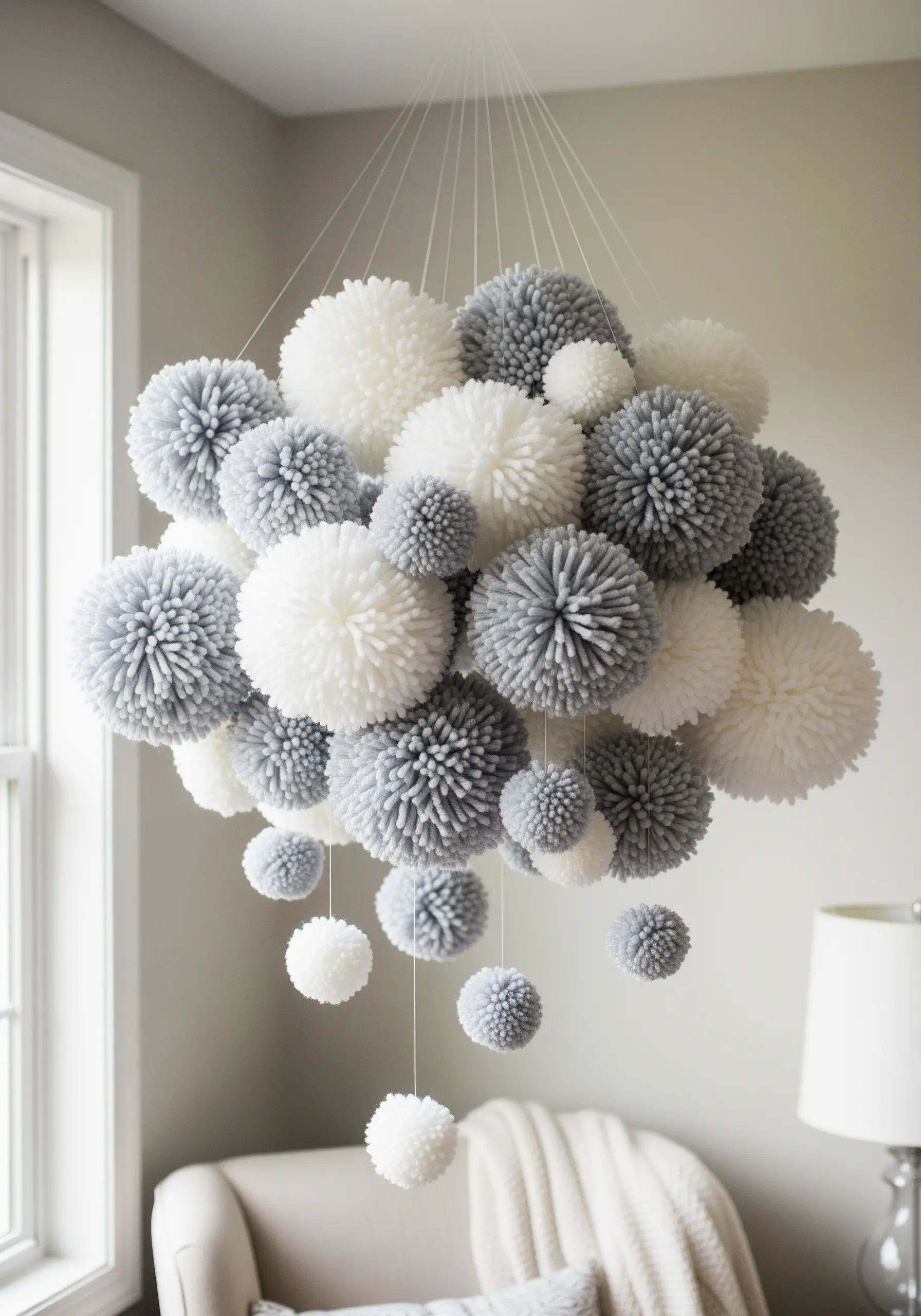 A cloud-like mobile made of dozens of gray and white yarn pom-poms suspended from the ceiling.