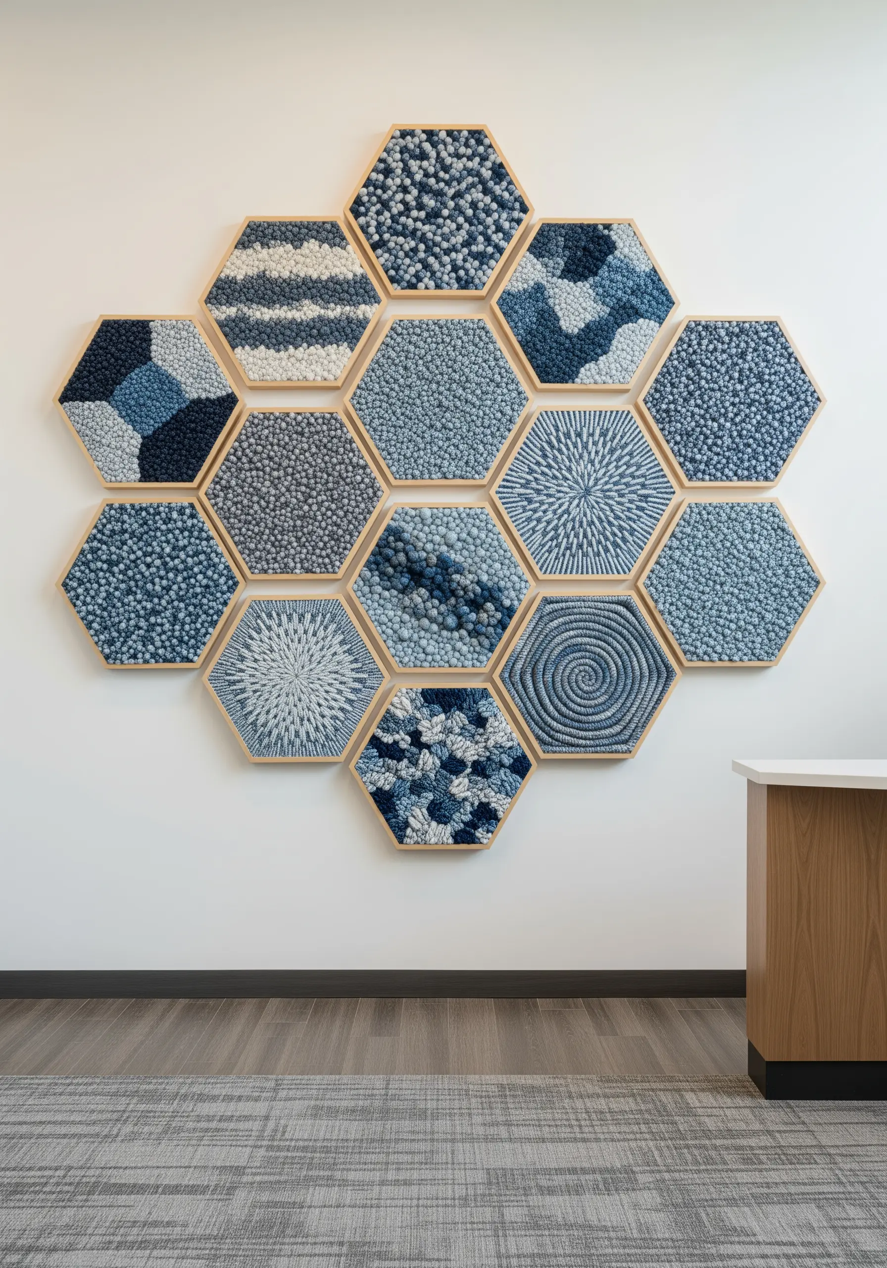 A gallery wall of hexagonal frames, each filled with a different blue yarn texture.