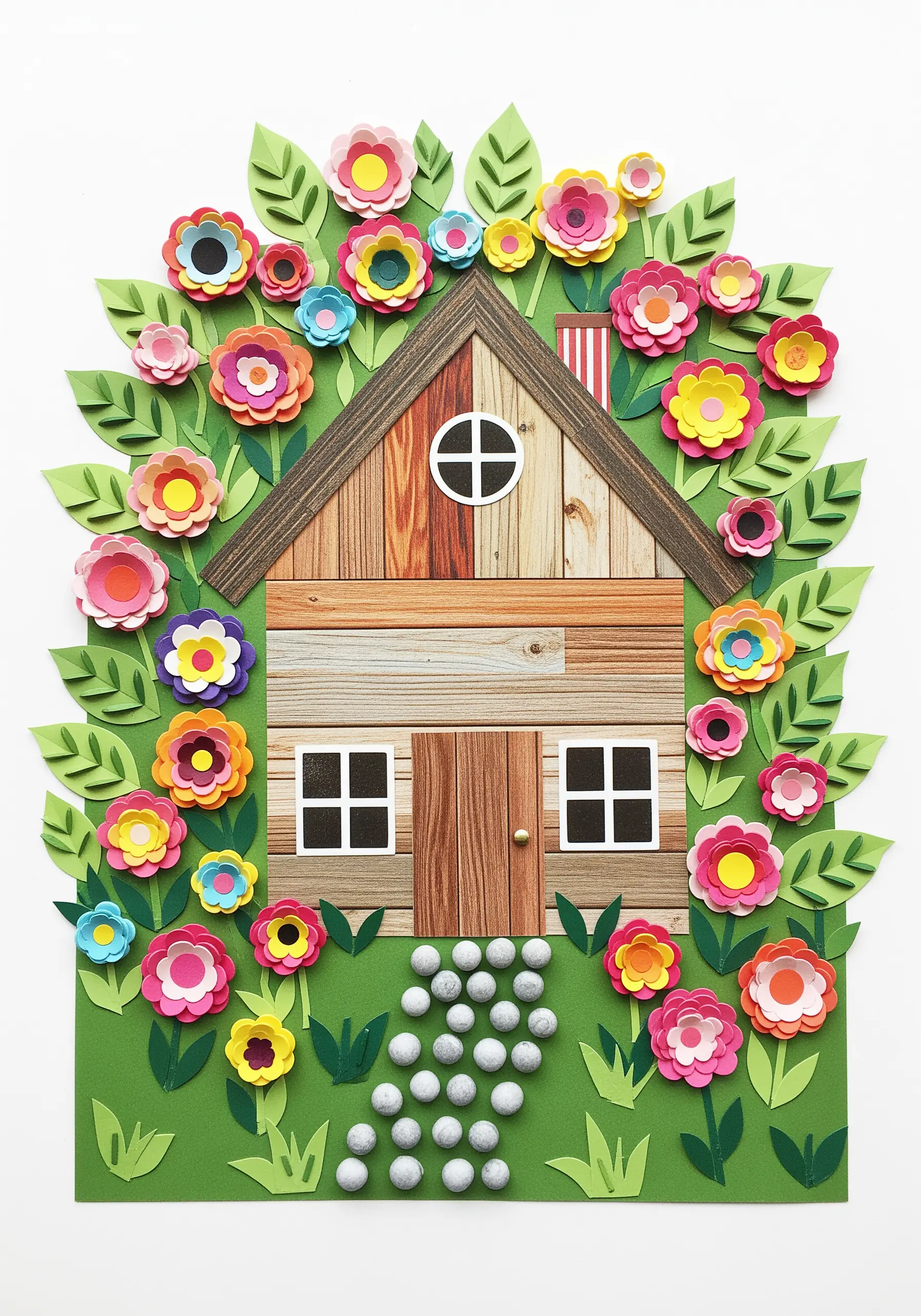 A whimsical collage of a house surrounded by layered paper flowers and leaves.