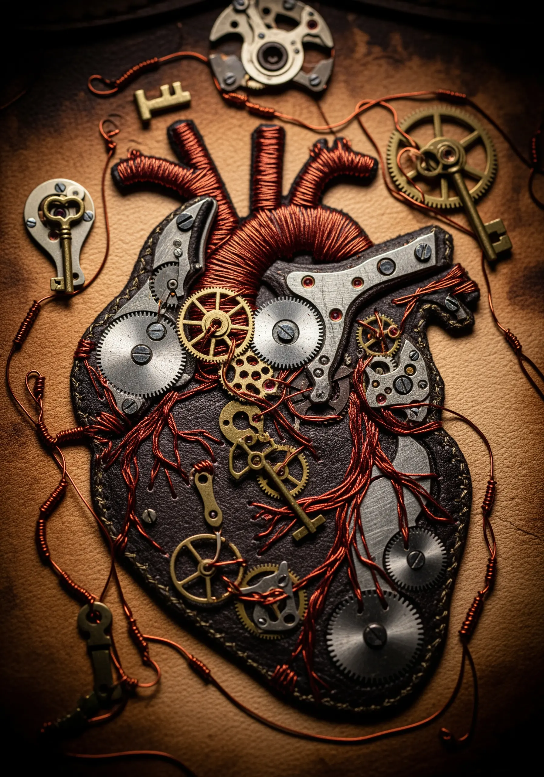 A steampunk heart collage made with leather, watch gears, and wrapped copper wire.