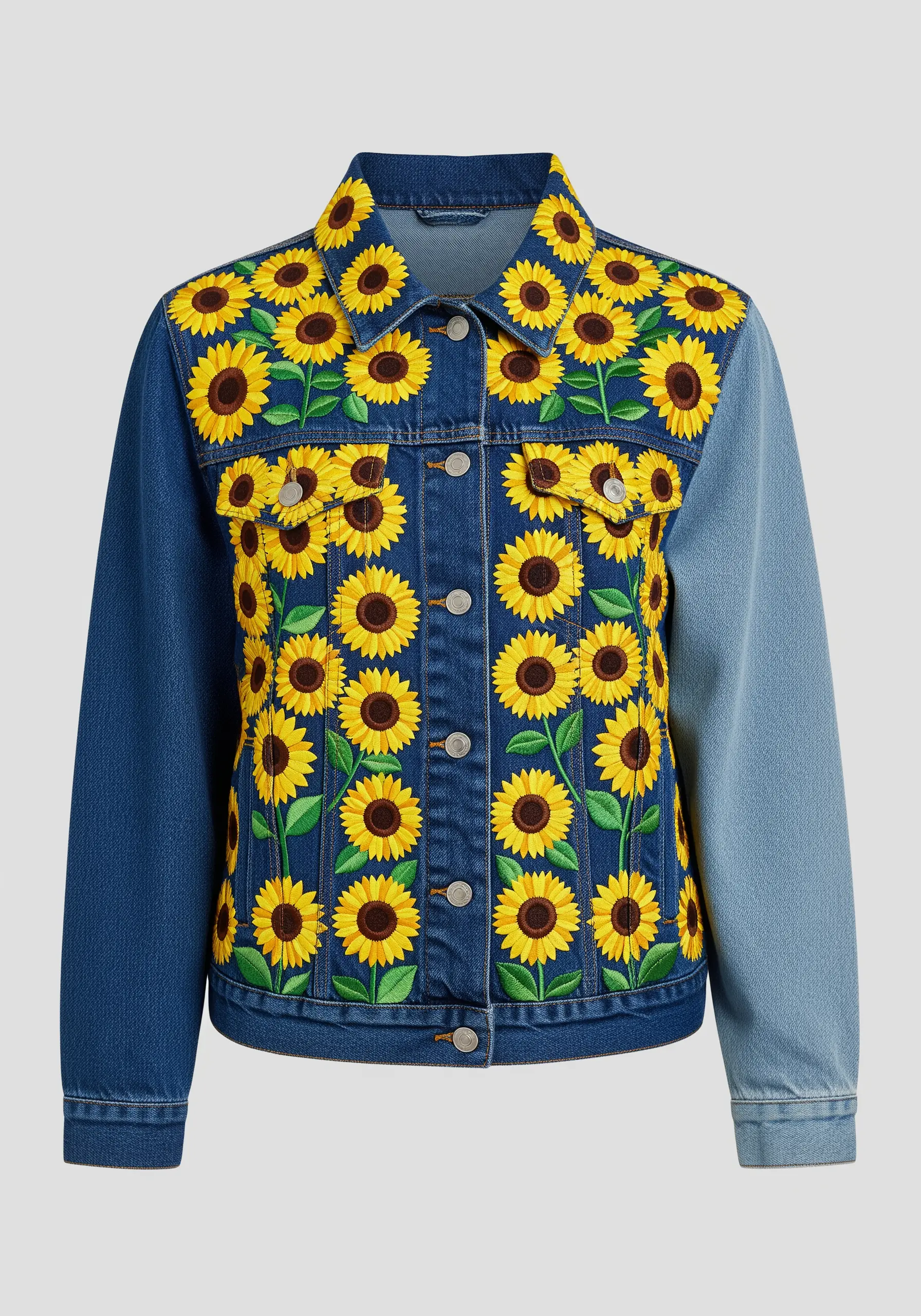A denim jacket with one front panel entirely covered in embroidered sunflowers.