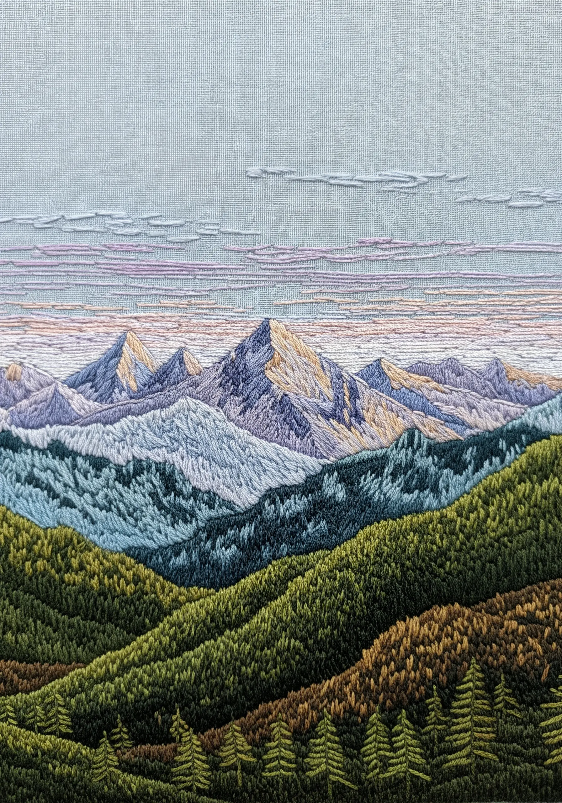 A detailed embroidered mountain landscape showing atmospheric perspective with color.