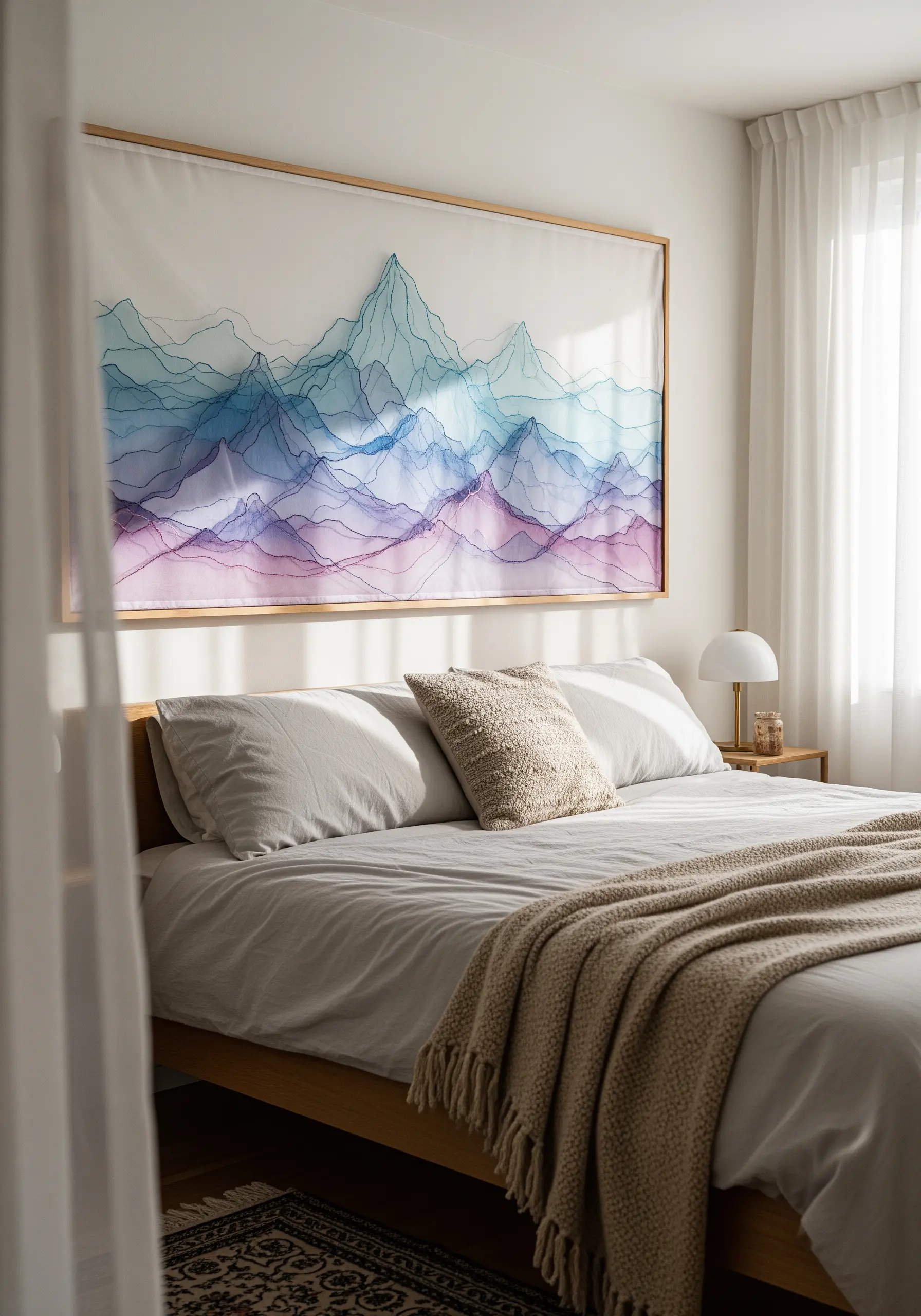 Large-scale embroidery of a mountain range with ethereal layers of blue, green, and purple thread.
