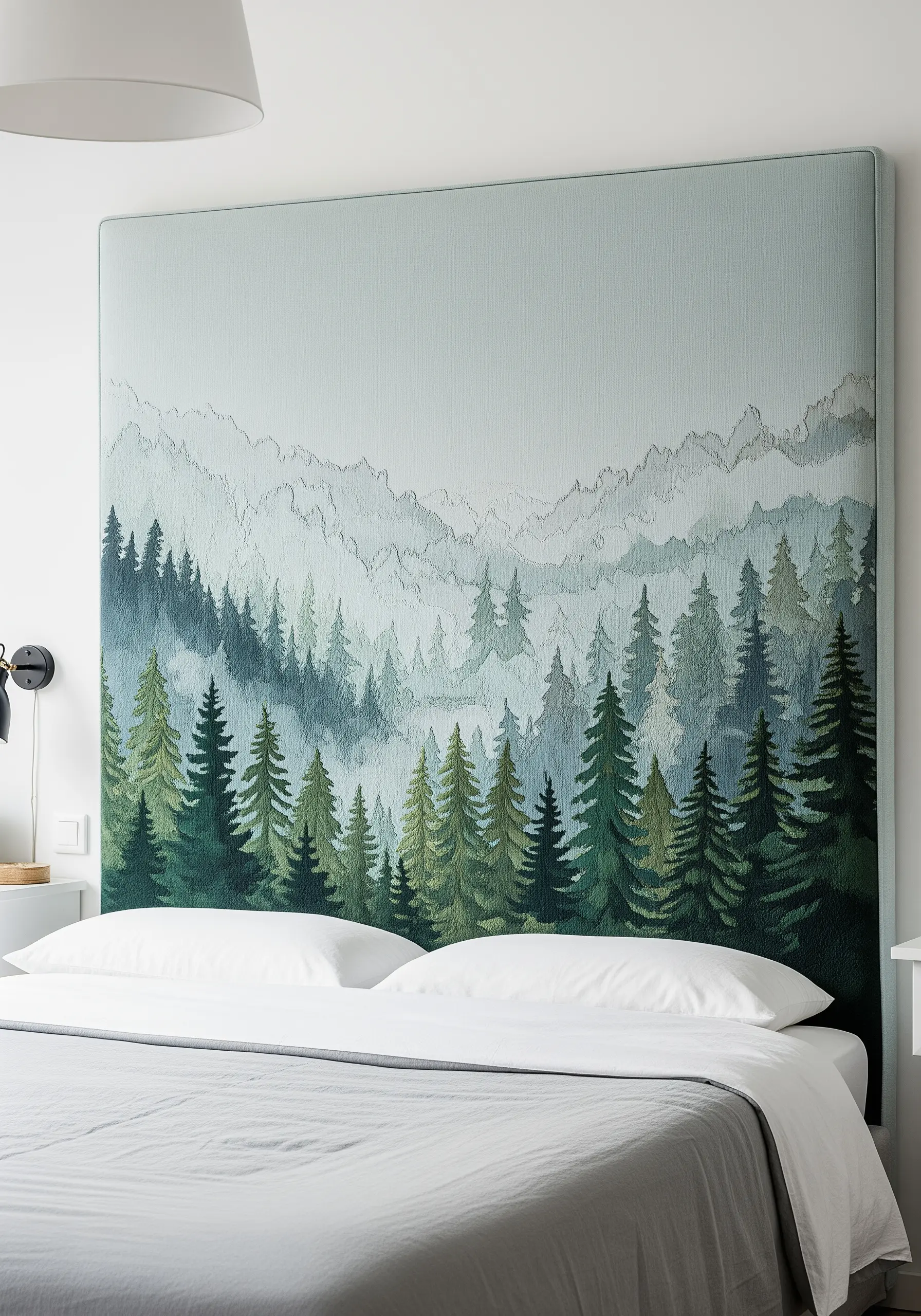 A misty forest landscape with layers of mountains, created with thread painting on a headboard.