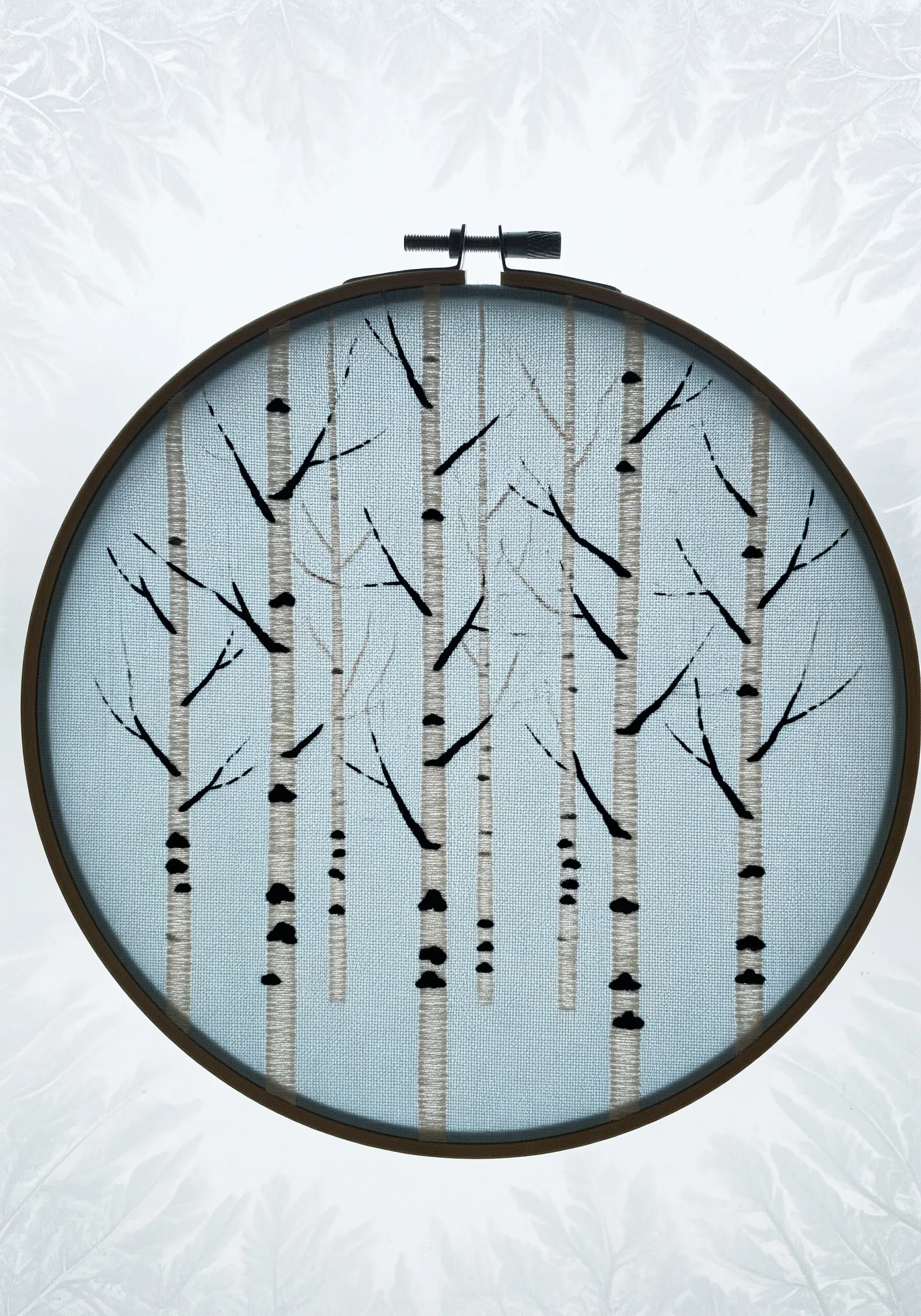 Minimalist embroidery of a birch tree forest on a light blue background.