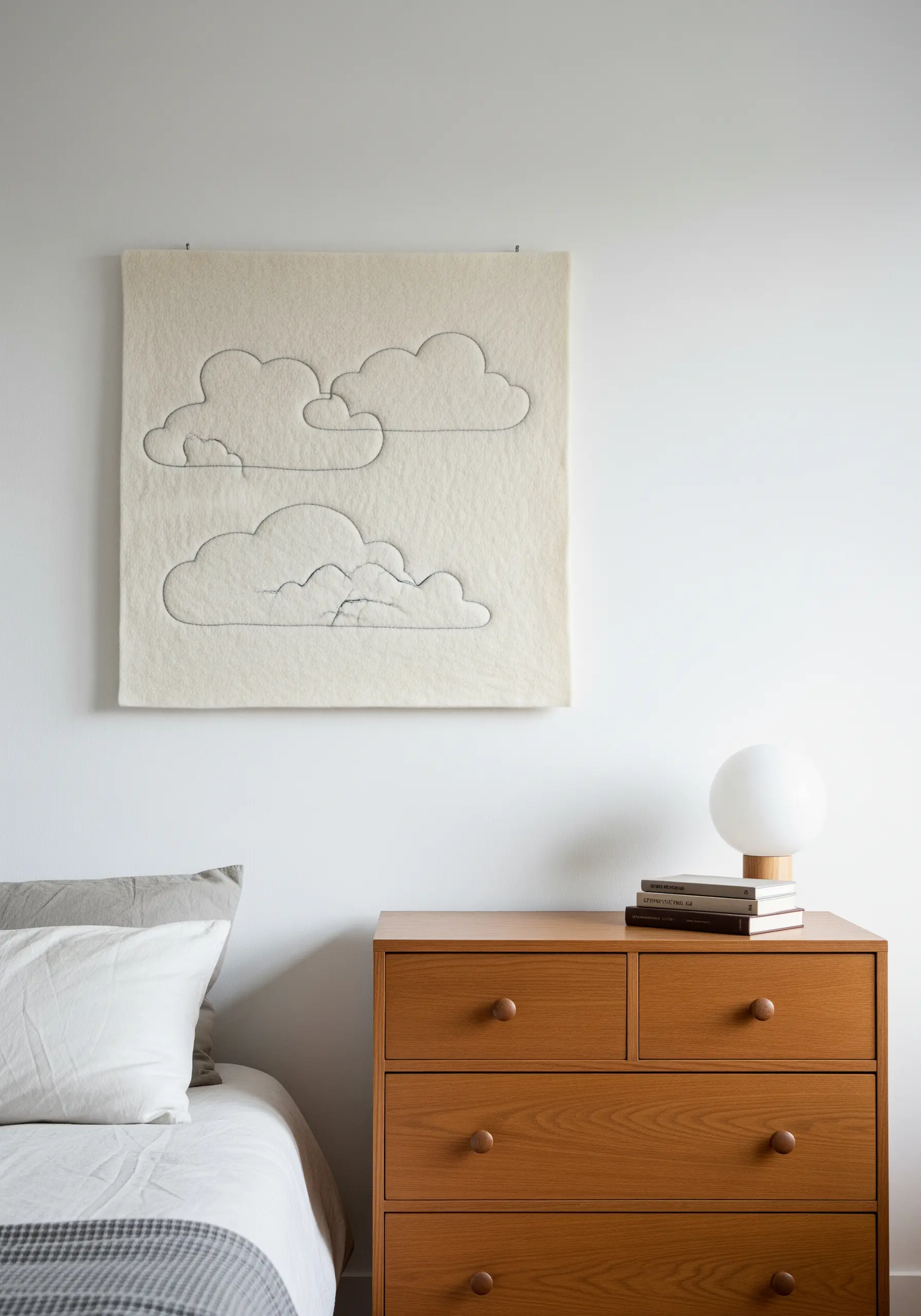 Two simple cloud outlines stitched in dark thread on a thick, cream-colored wool felt panel.