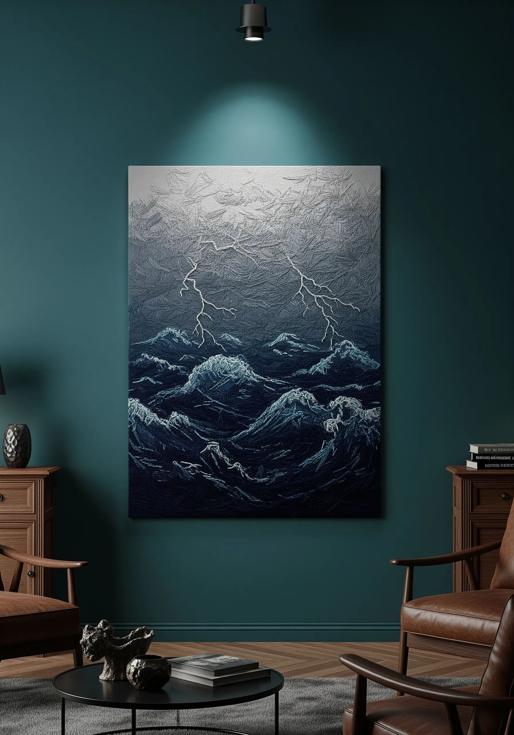 A powerful embroidered scene of a stormy sea in a grey gradient with lightning strikes.