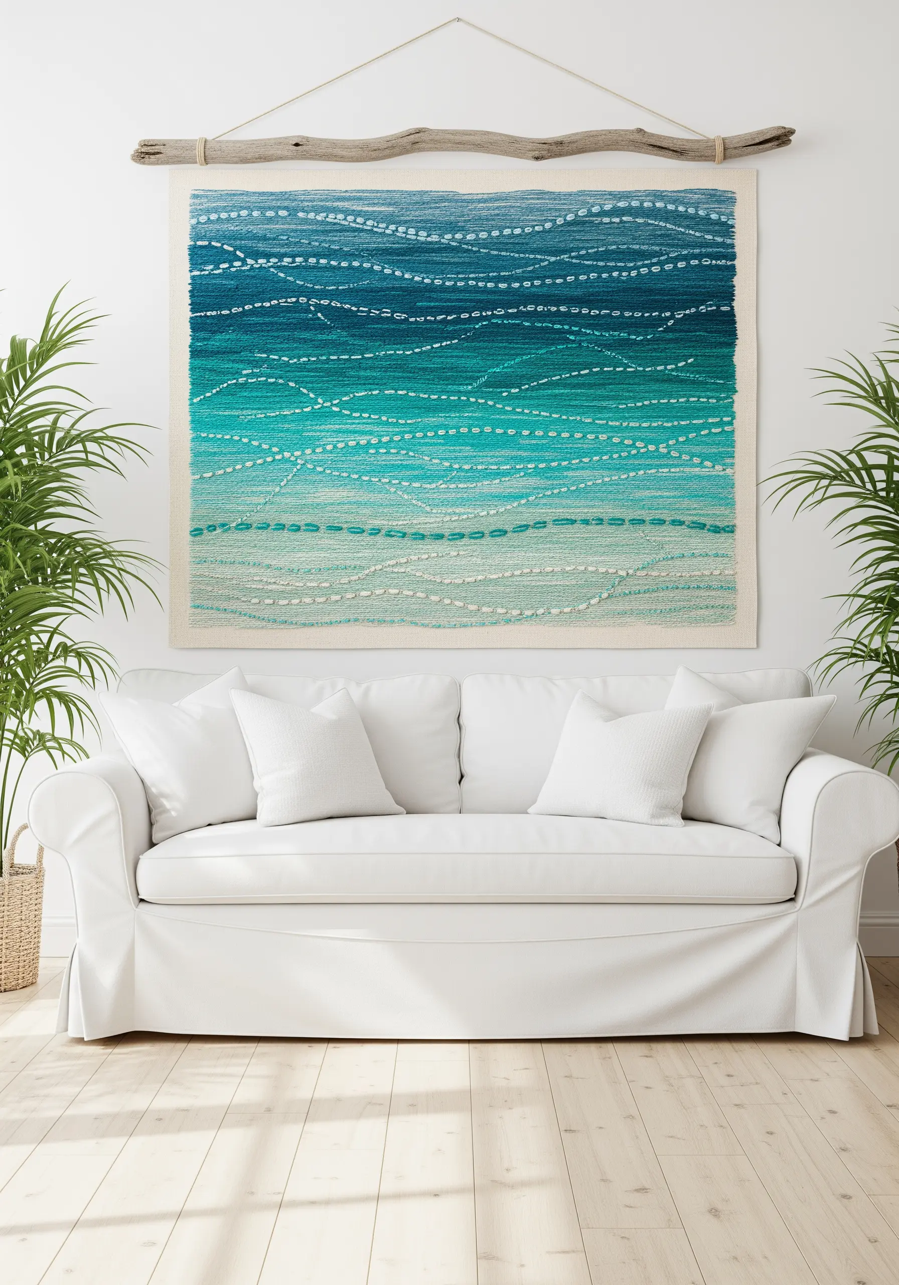 Teal gradient wall hanging with embroidered white dotted lines creating a wave-like pattern.