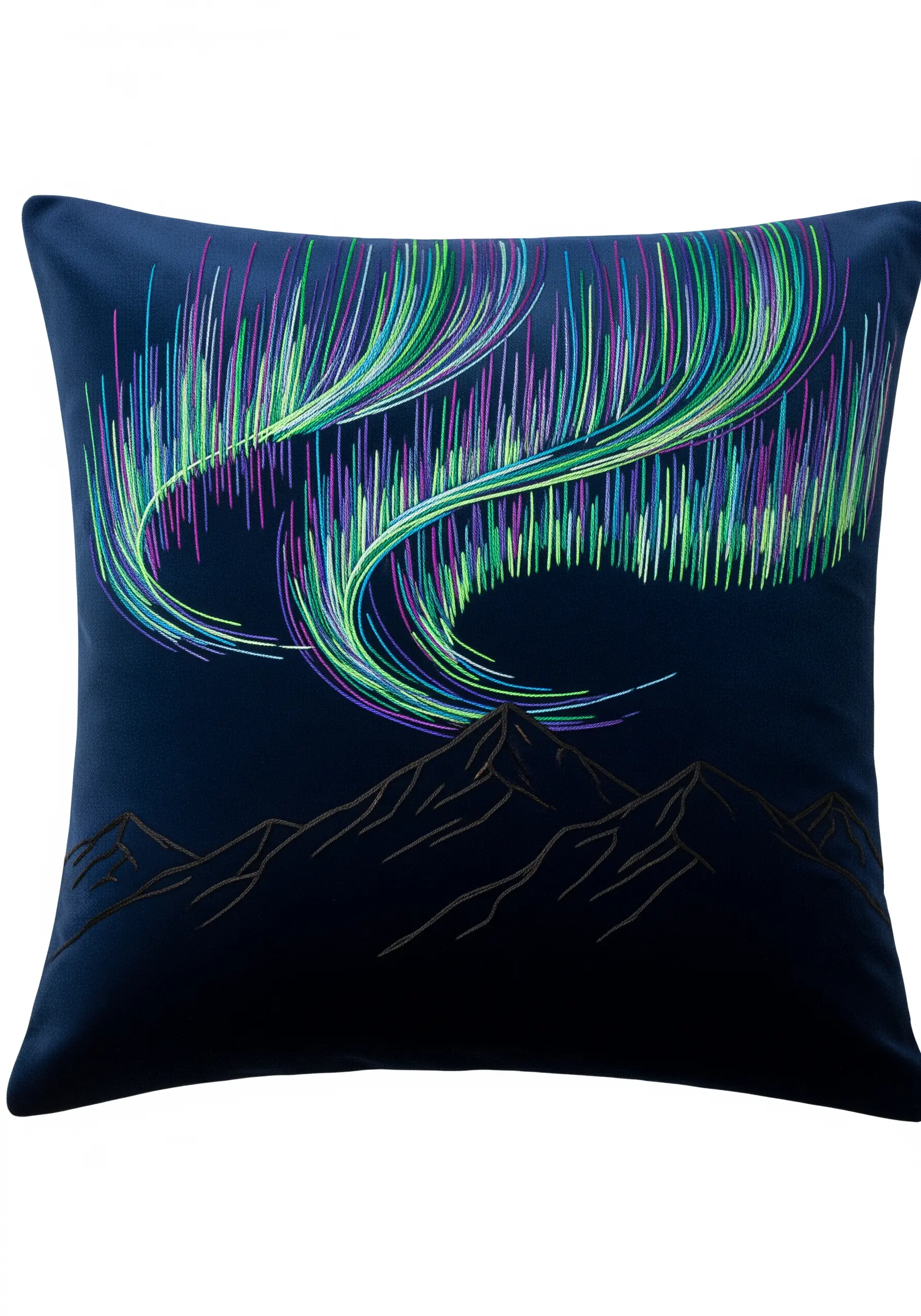 Vibrant embroidered Northern Lights in green and purple above a simple mountain outline.