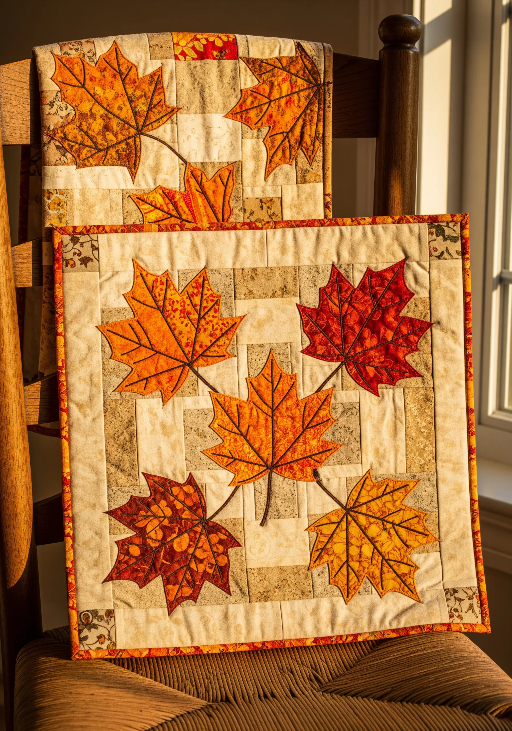 Quilted piece with appliqué maple leaves in autumn colors, detailed with embroidered veins.