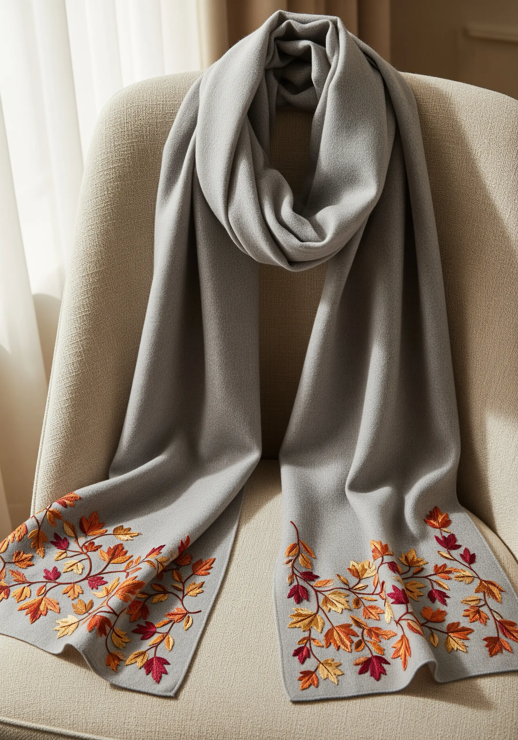 A gray scarf with embroidered autumn leaves in warm gradient colors on both ends.