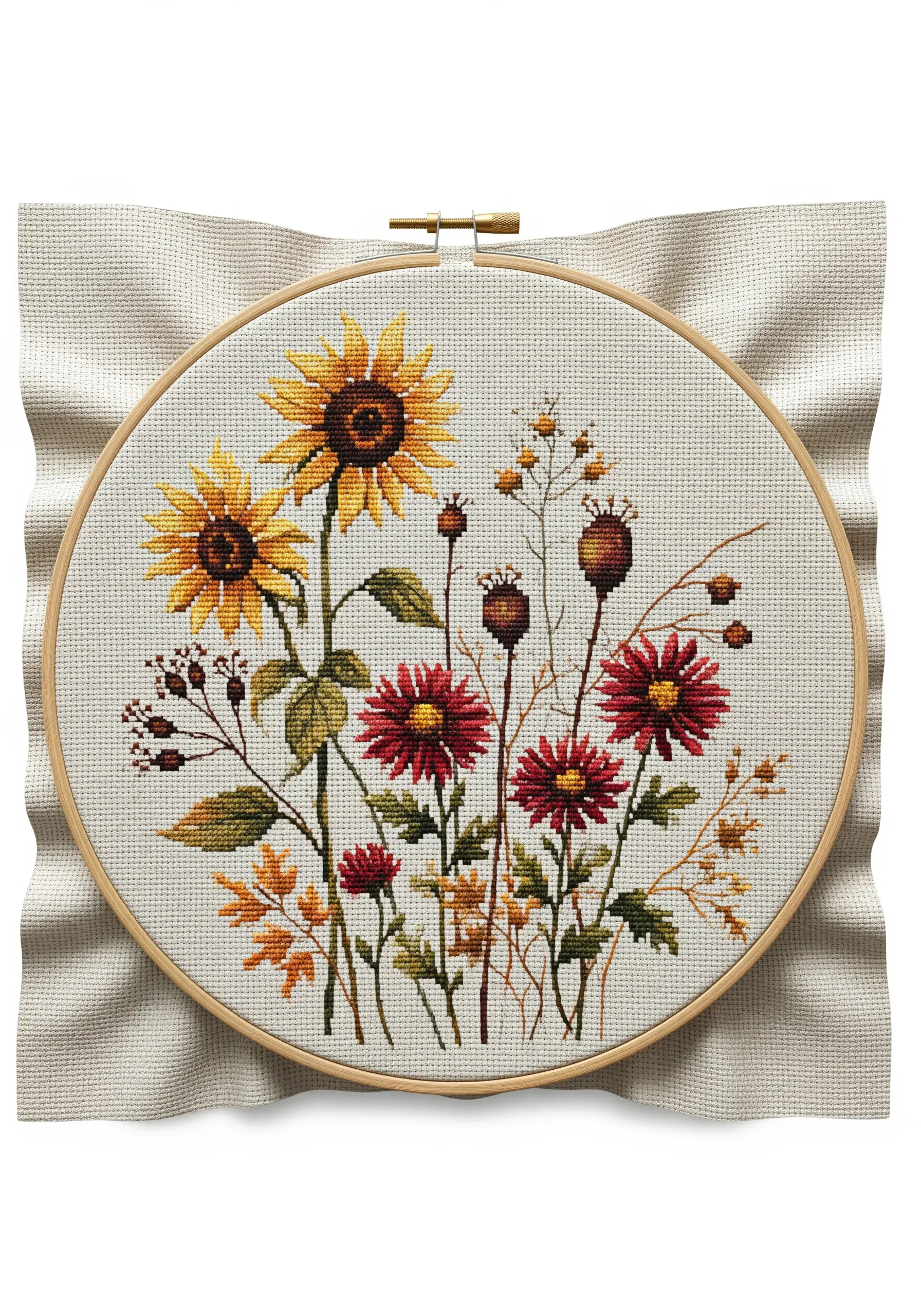 Cross-stitch bouquet of sunflowers and red asters with detailed color blending.