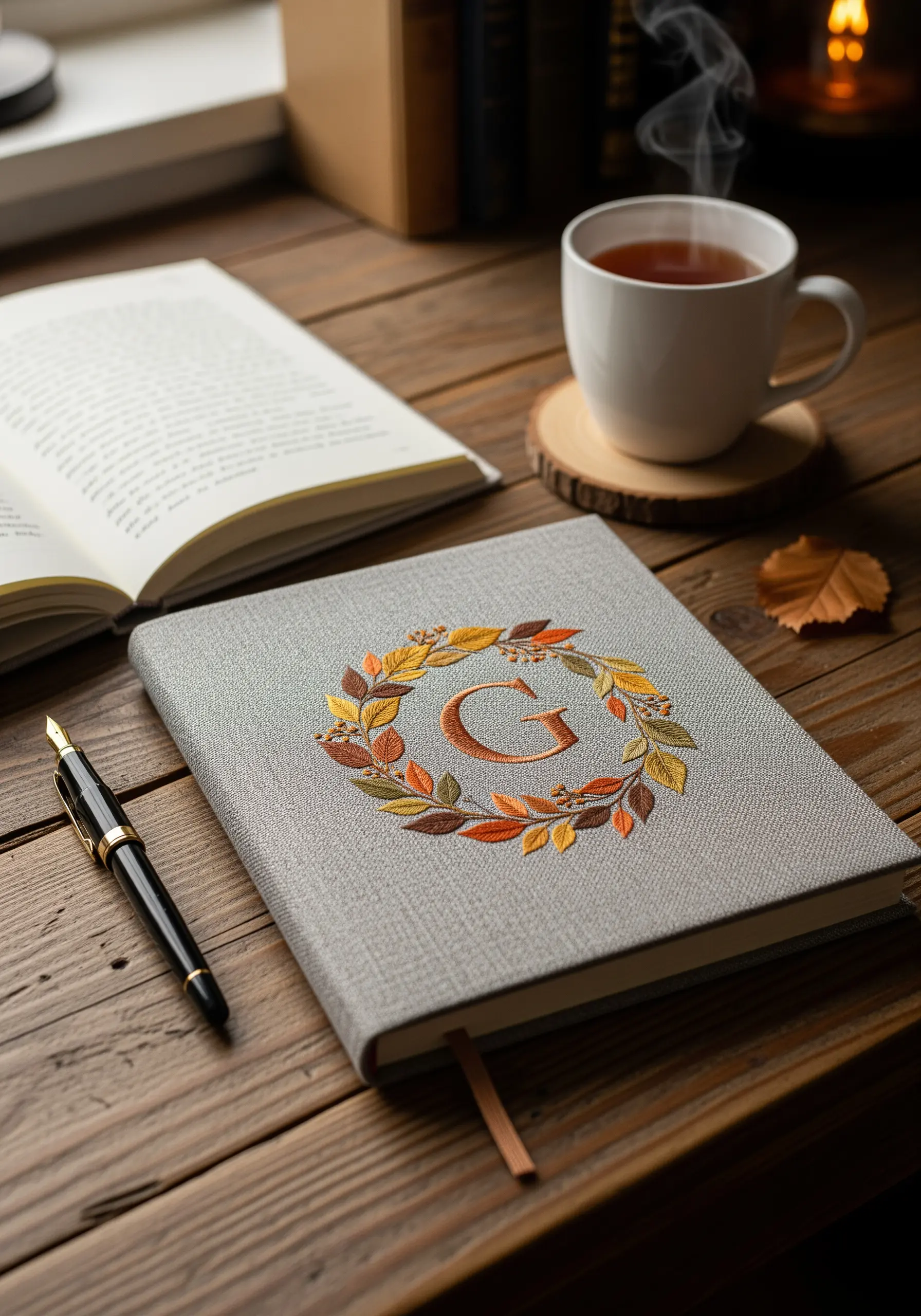 Grey notebook cover featuring an embroidered letter G with autumn leaves wreath