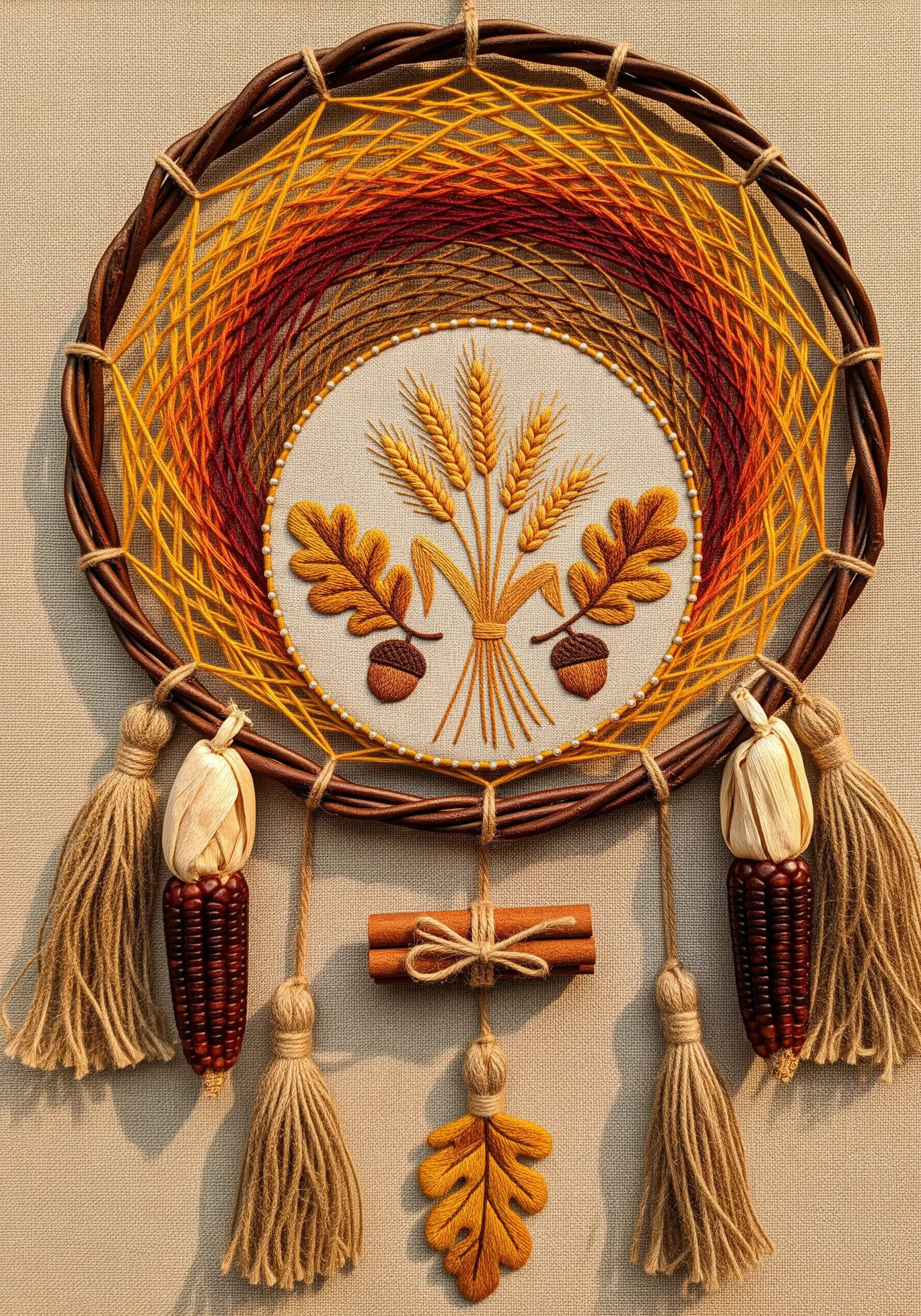 Autumn harvest dreamcatcher with embroidered wheat and oak leaves on a grapevine hoop.
