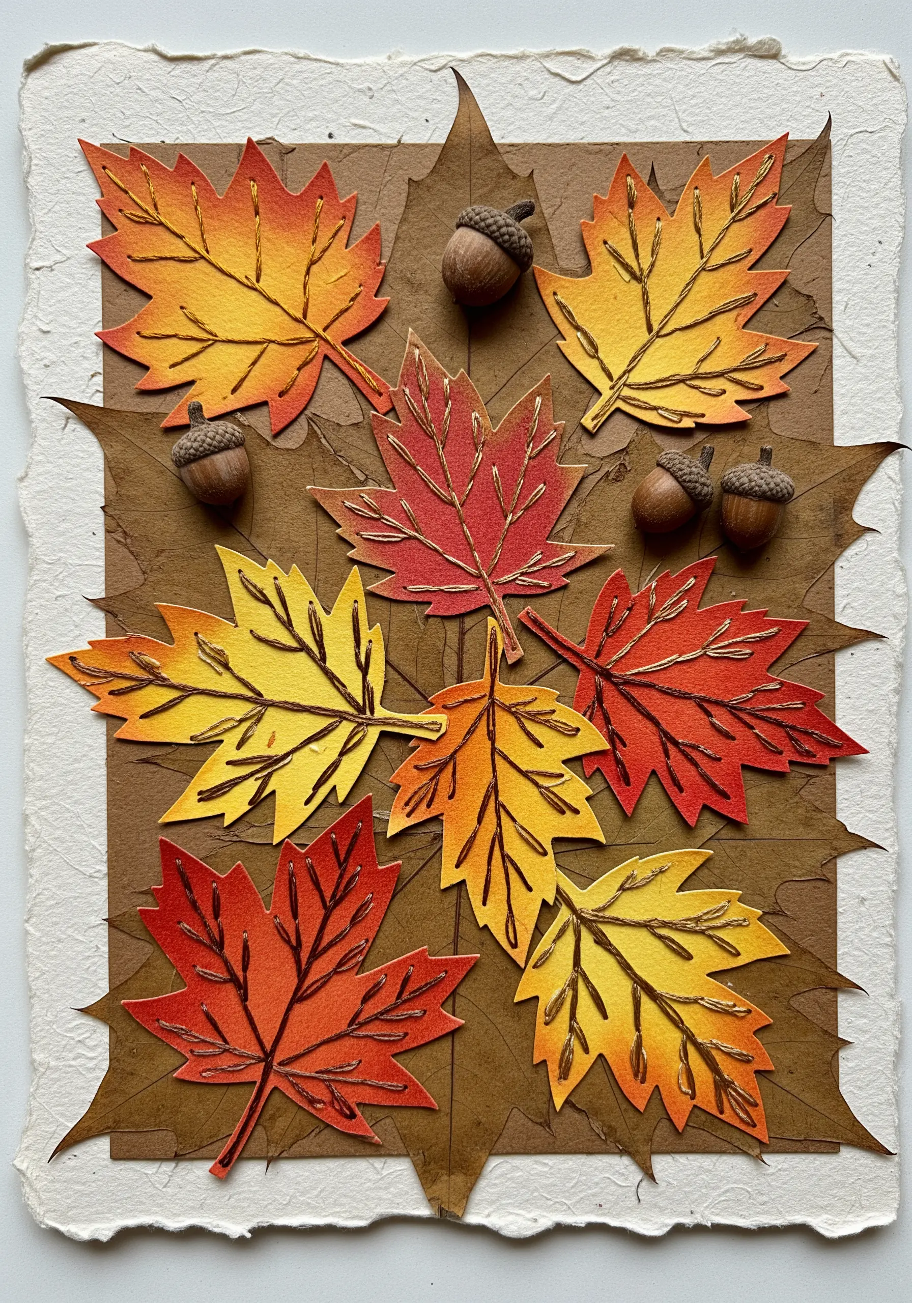 Autumn leaves made from painted paper and embellished with embroidered veins in gold thread.