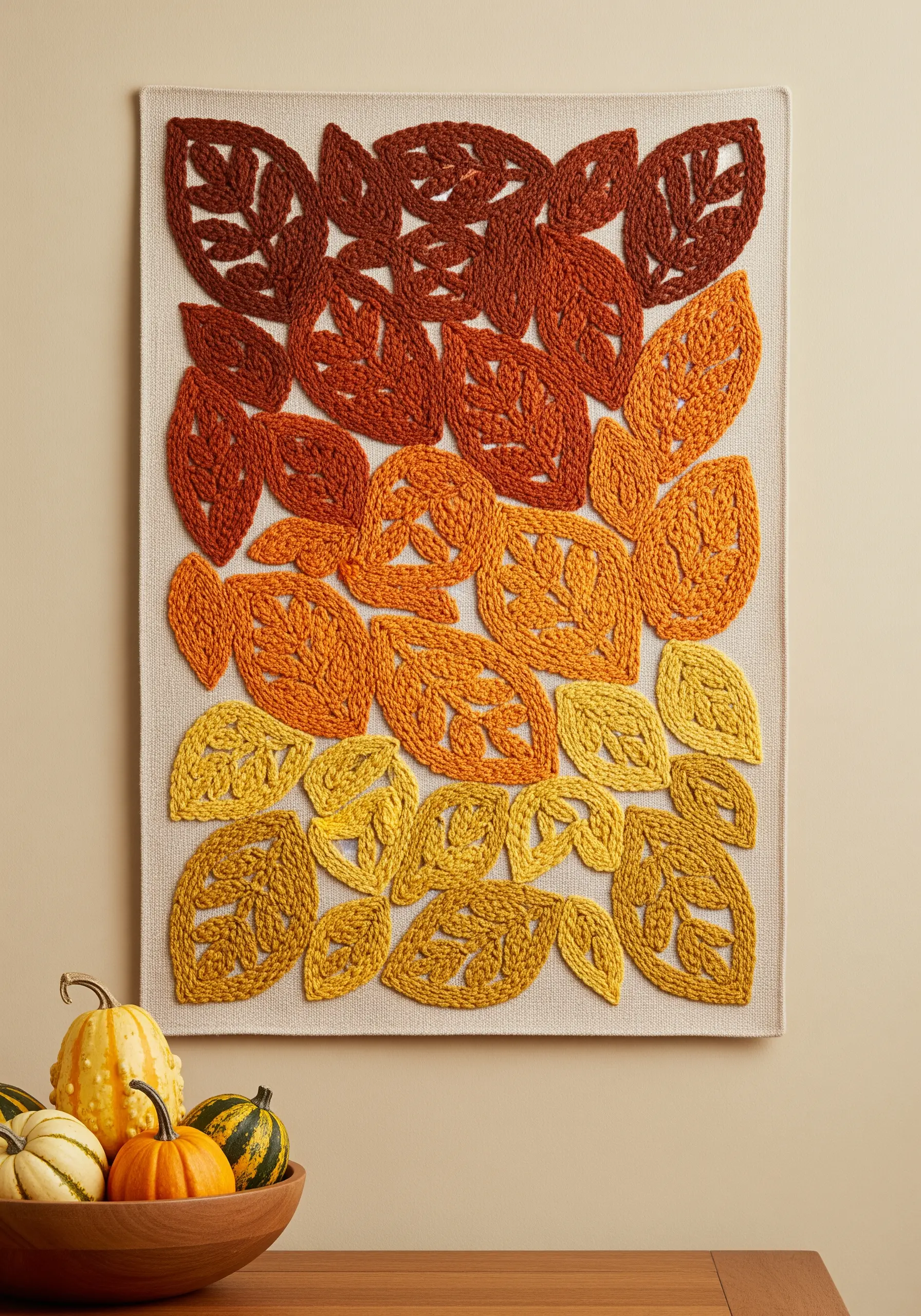 A wall hanging featuring a mosaic of embroidered leaves in an autumn color gradient.